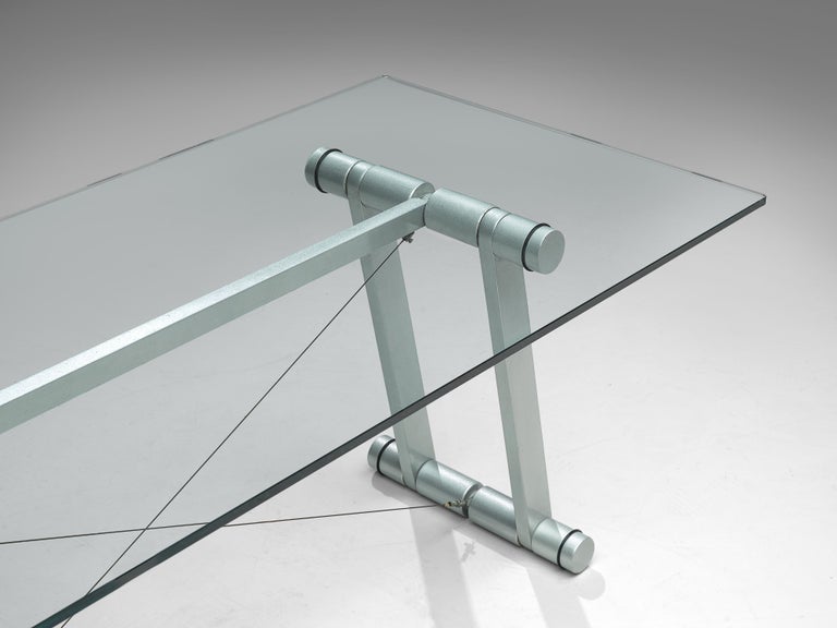 Superstudio Dining Table 'Teso' with Glass Top and Metallic Wooden Base