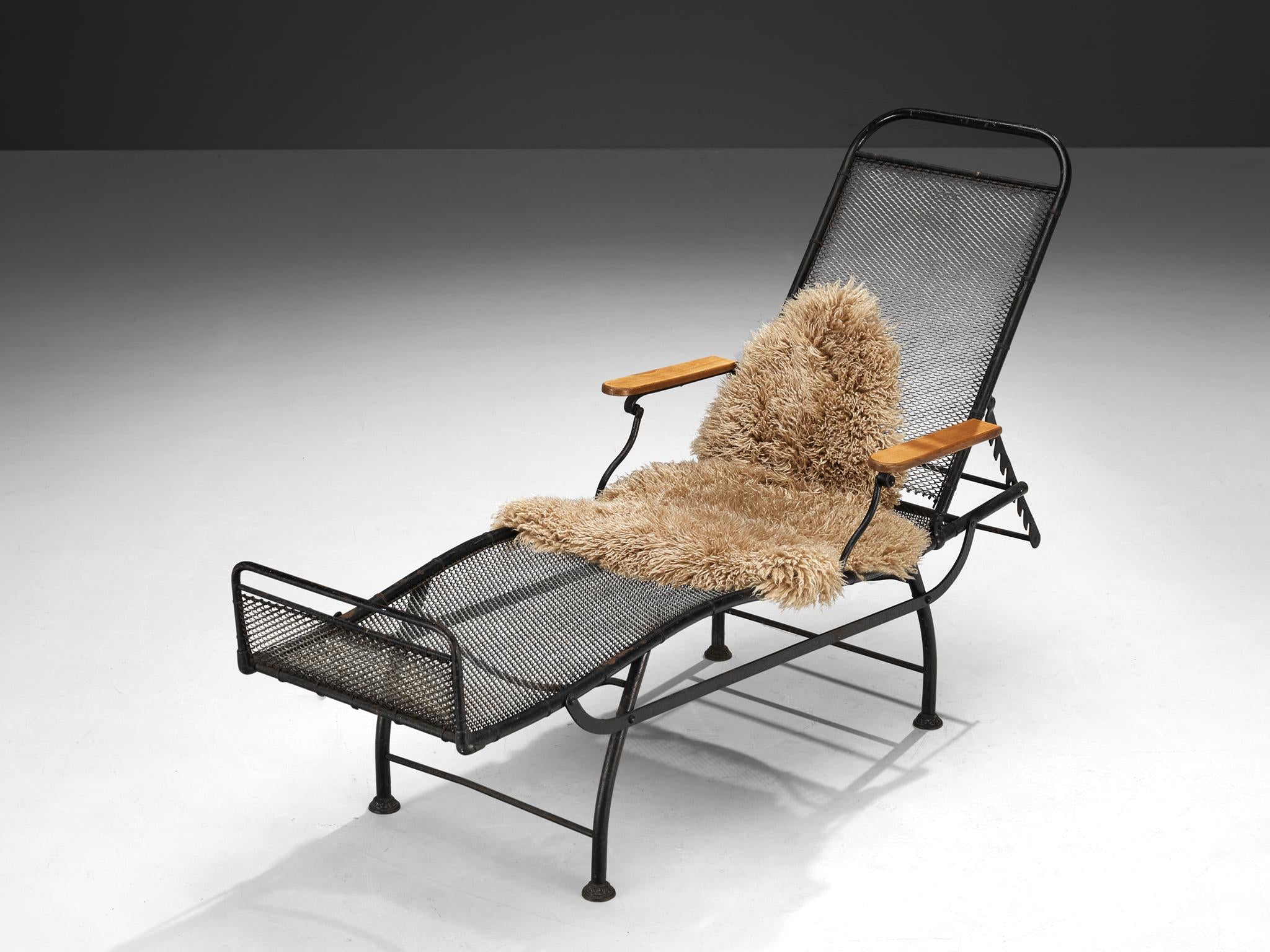 French Adjustable Chaise Longue in Black Iron and Wood seating Morentz