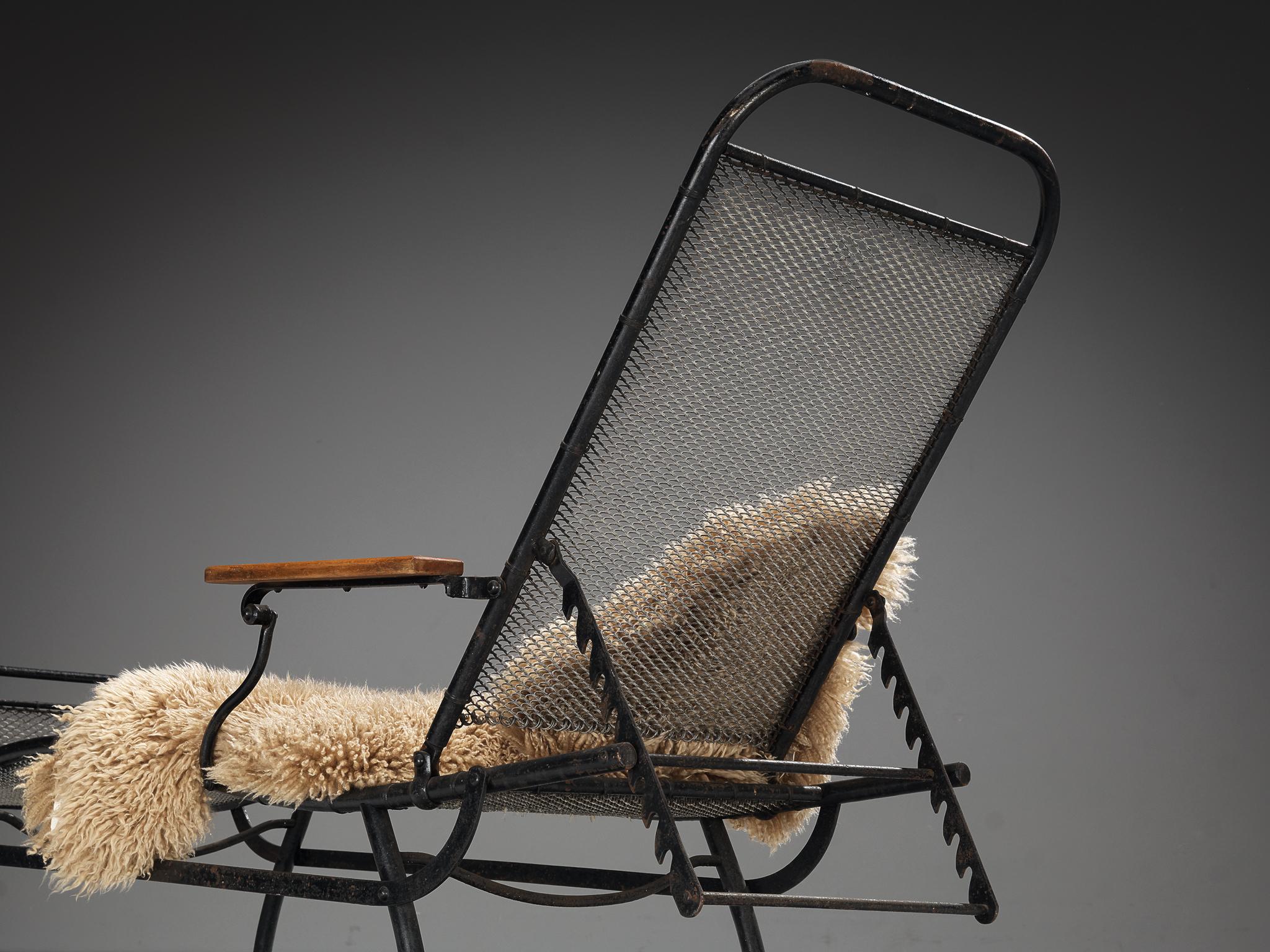 French Adjustable Chaise Longue in Black Iron and Wood seating Morentz