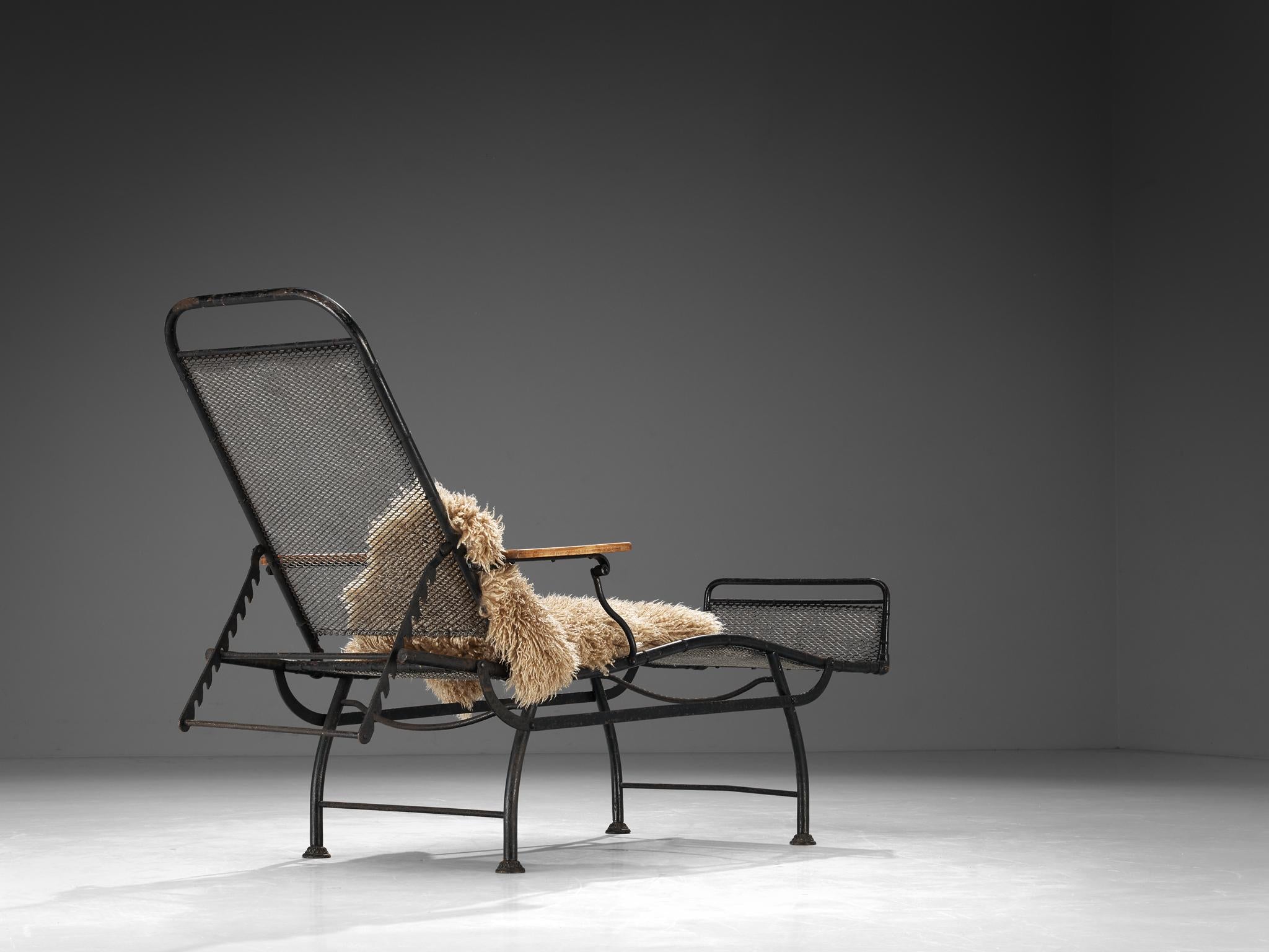 French Adjustable Chaise Longue in Black Iron and Wood seating Morentz