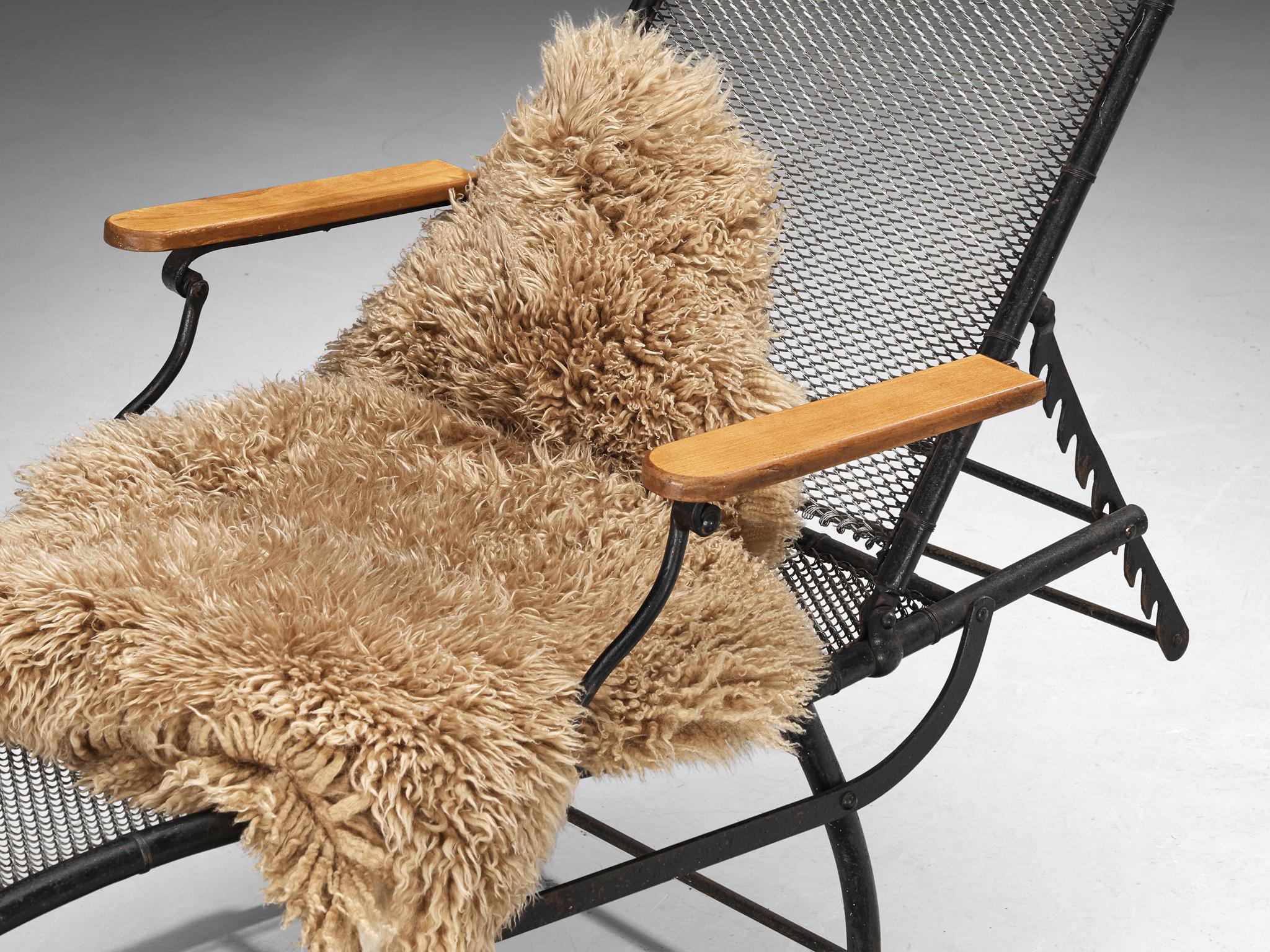 French Adjustable Chaise Longue in Black Iron and Wood seating Morentz