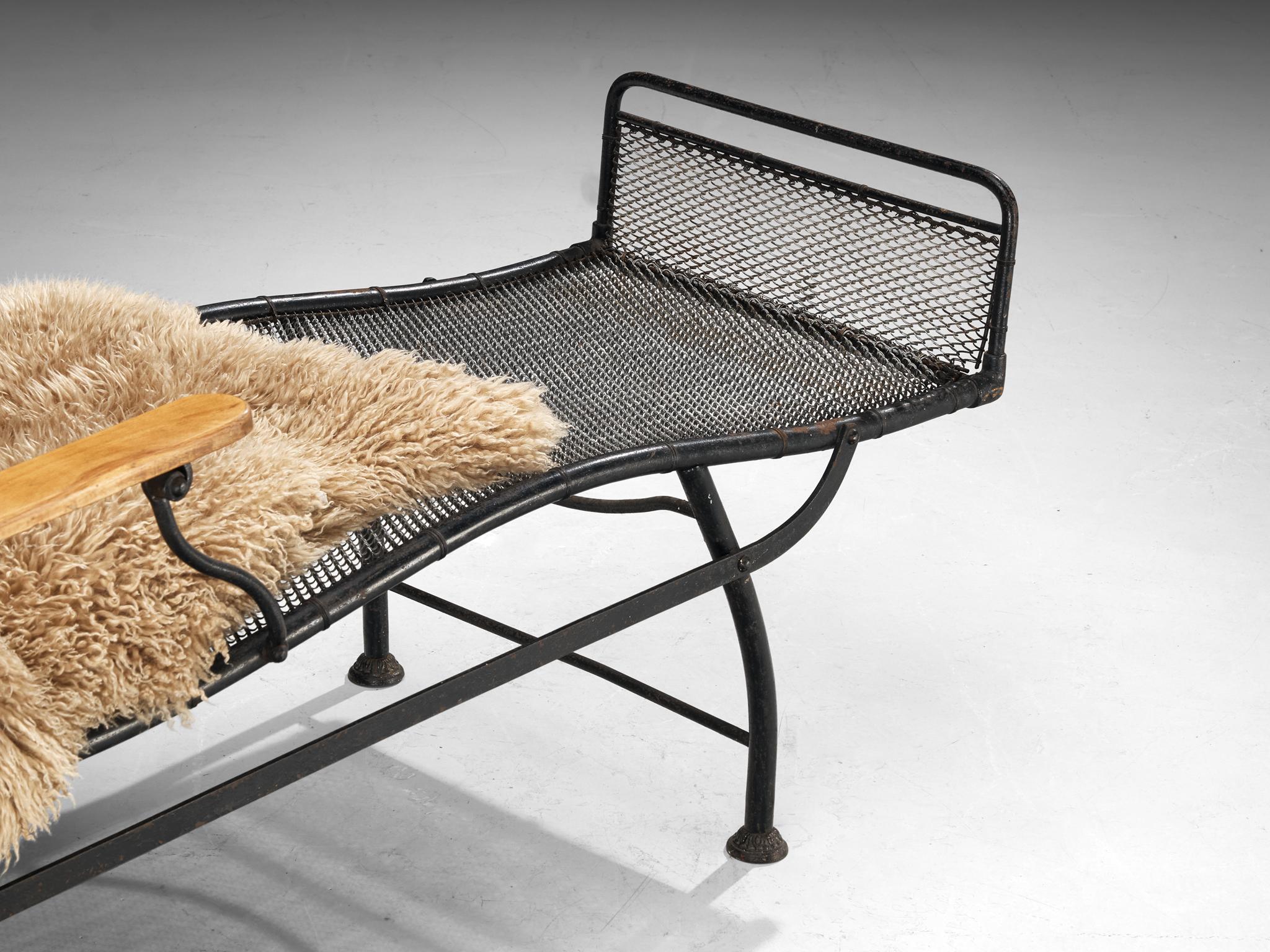 French Adjustable Chaise Longue in Black Iron and Wood seating Morentz