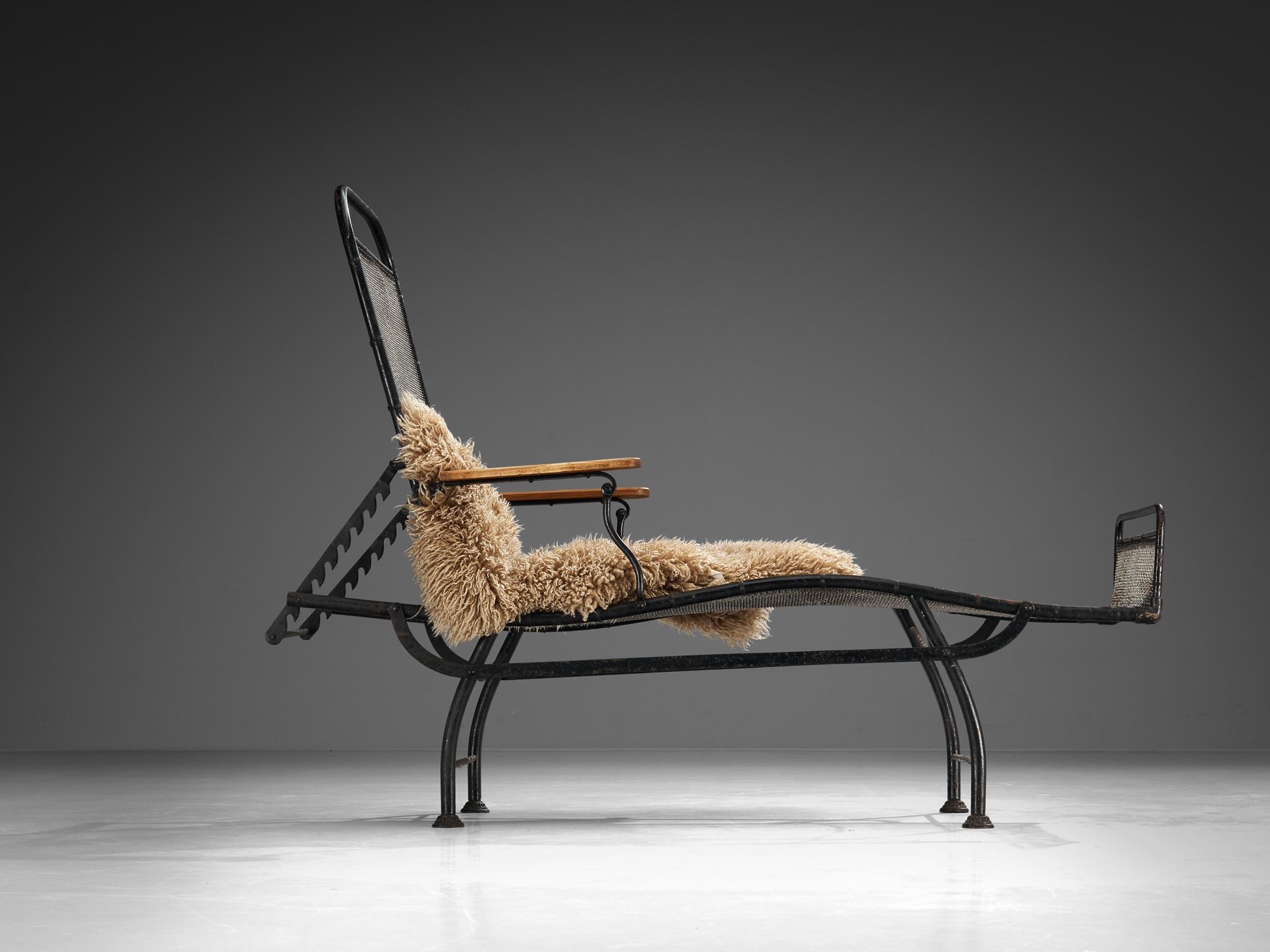 French Adjustable Chaise Longue in Black Iron and Wood seating Morentz