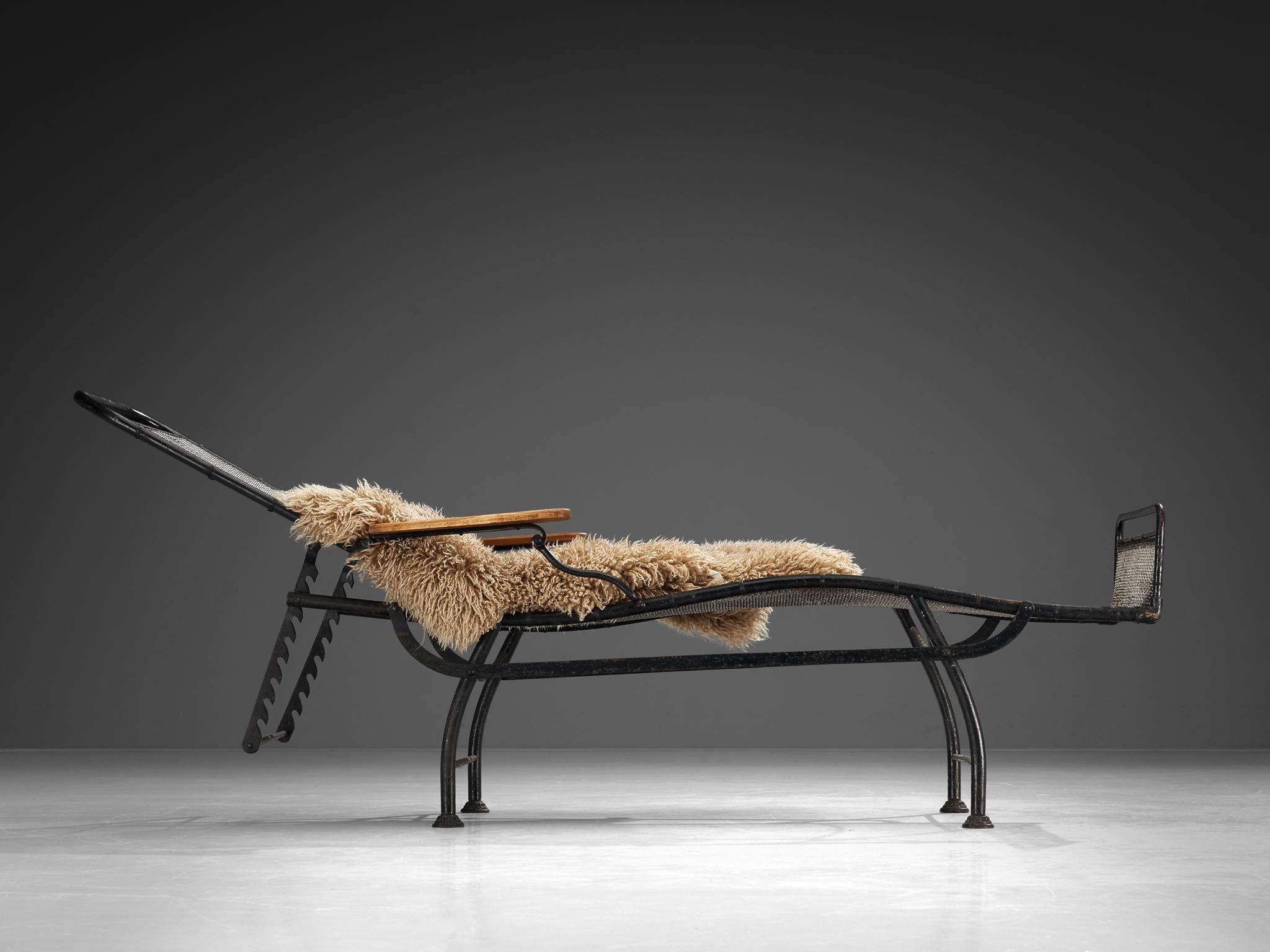 French Adjustable Chaise Longue in Black Iron and Wood seating Morentz