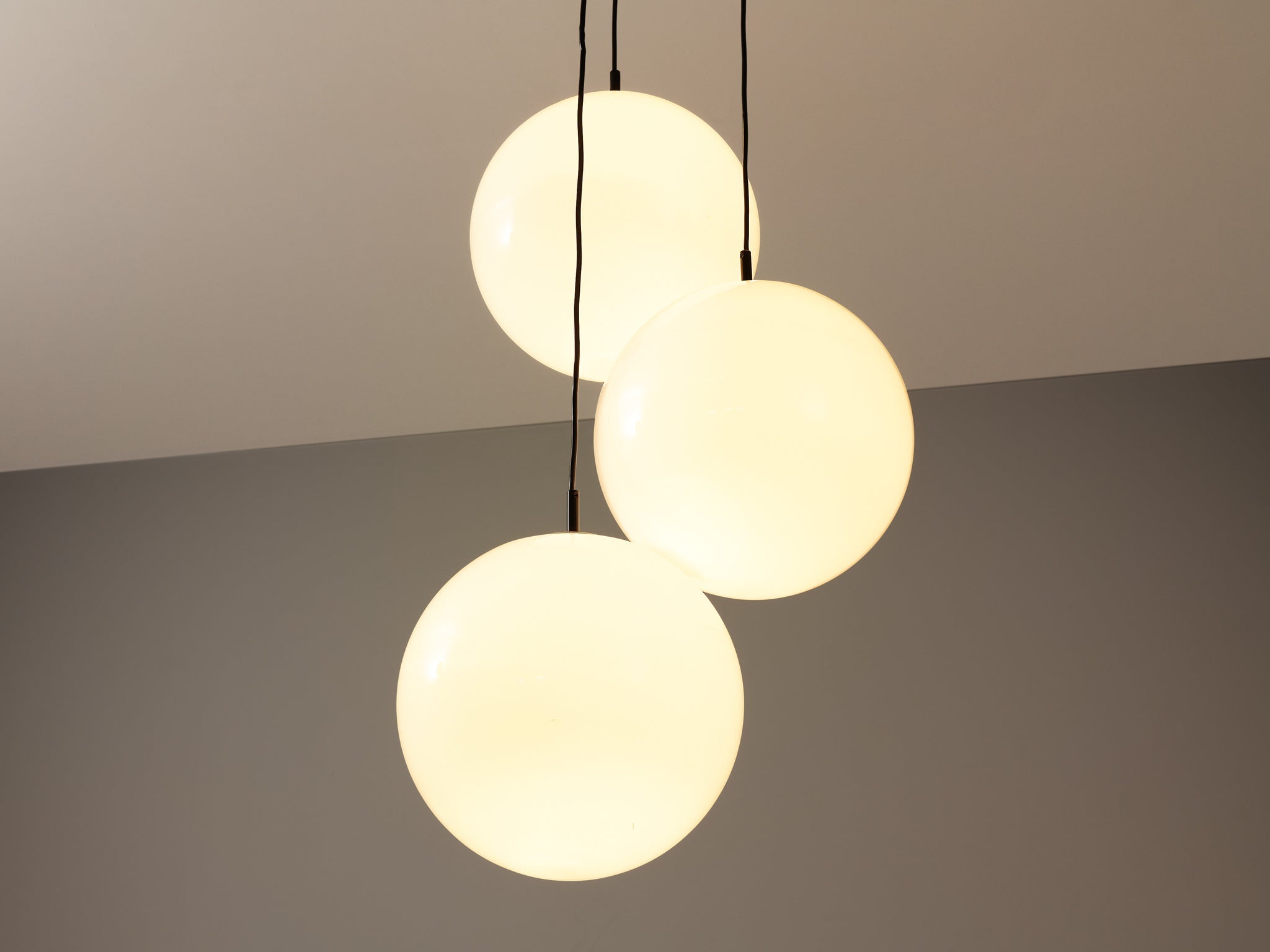 Mid-Century Pendant with Three Round Spheres in White Opaque Glass and Metal lighting Morentz