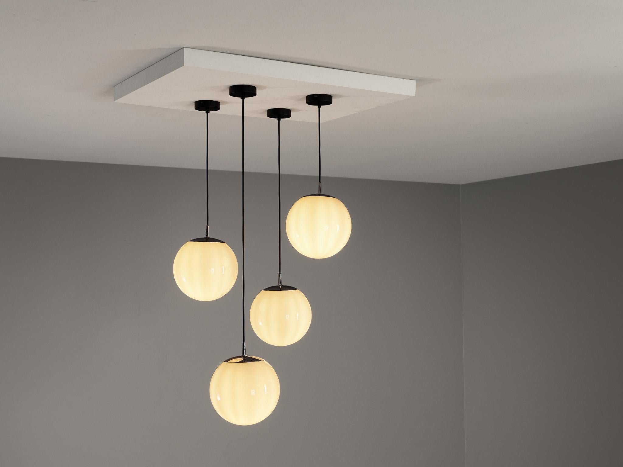 Mid-Century Modern Set of Four Pendants with White Glass Spheres lighting Morentz