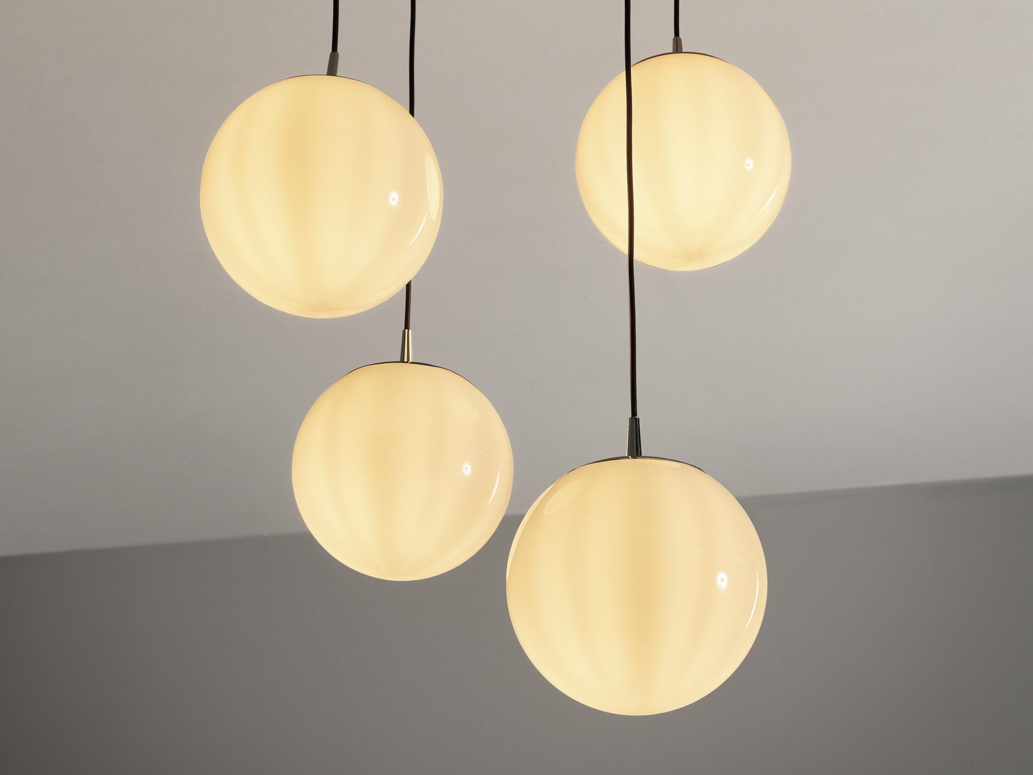 Mid-Century Modern Set of Four Pendants with White Glass Spheres lighting Morentz