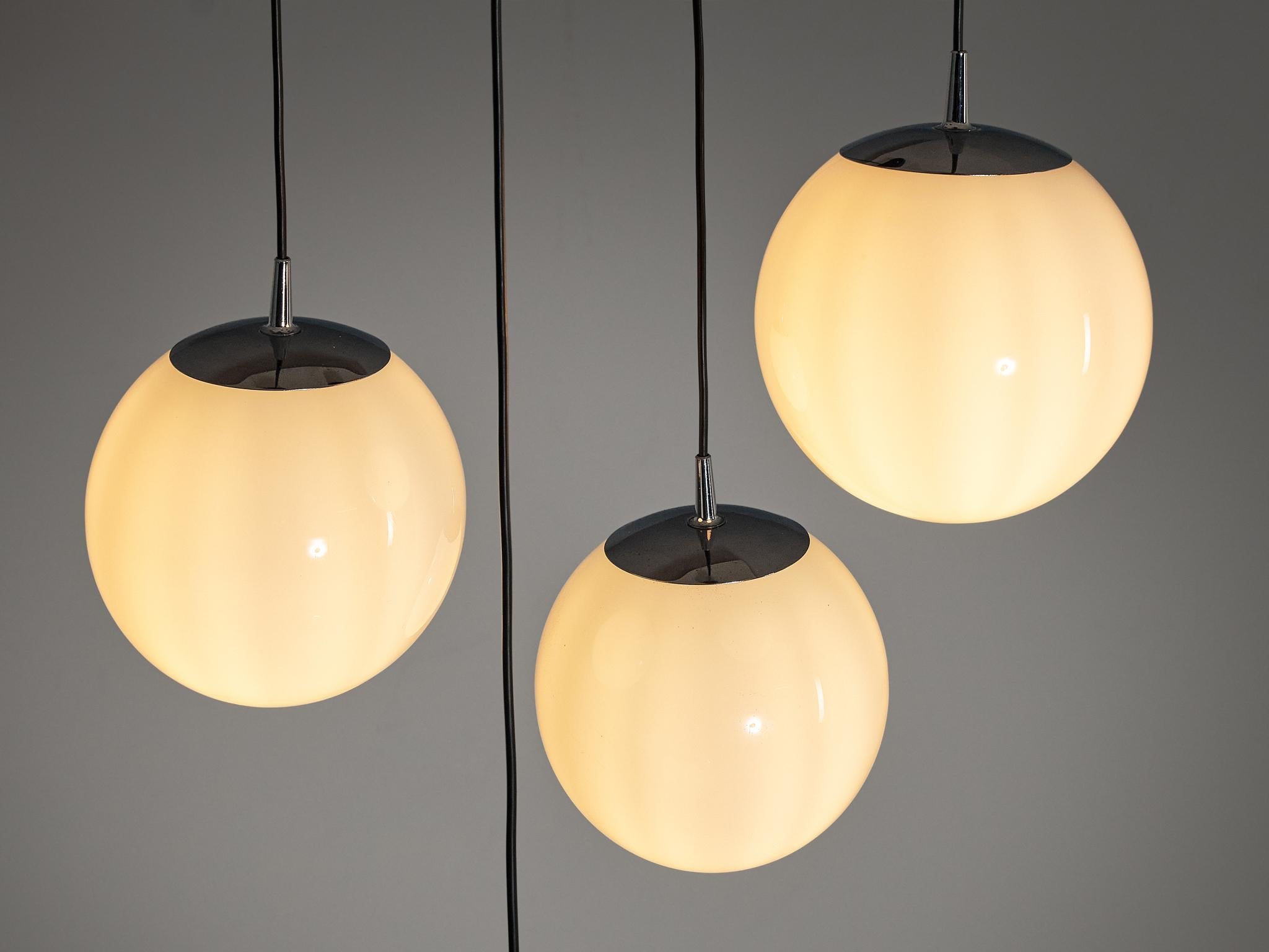 Mid-Century Modern Set of Four Pendants with White Glass Spheres lighting Morentz