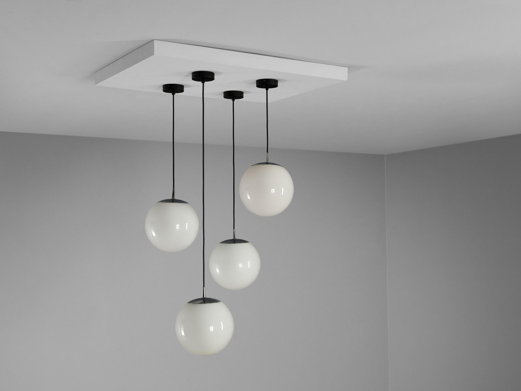 Mid-Century Modern Set of Four Pendants with White Glass Spheres lighting Morentz