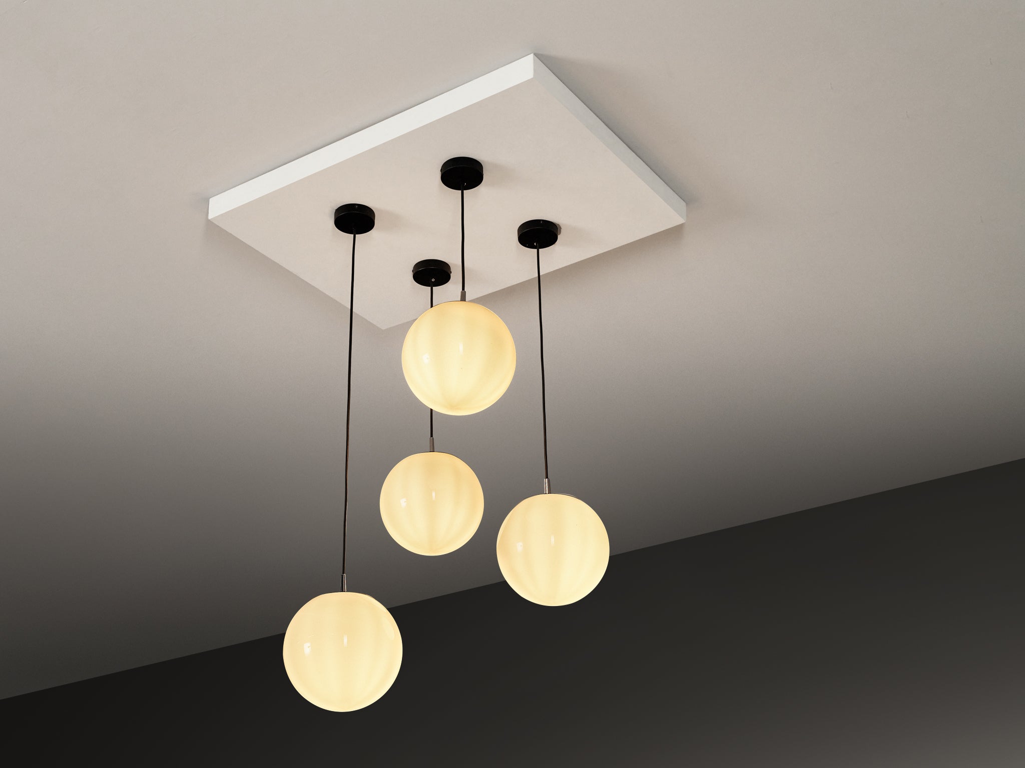 Mid-Century Modern Set of Four Pendants with White Glass Spheres Lighting Morentz