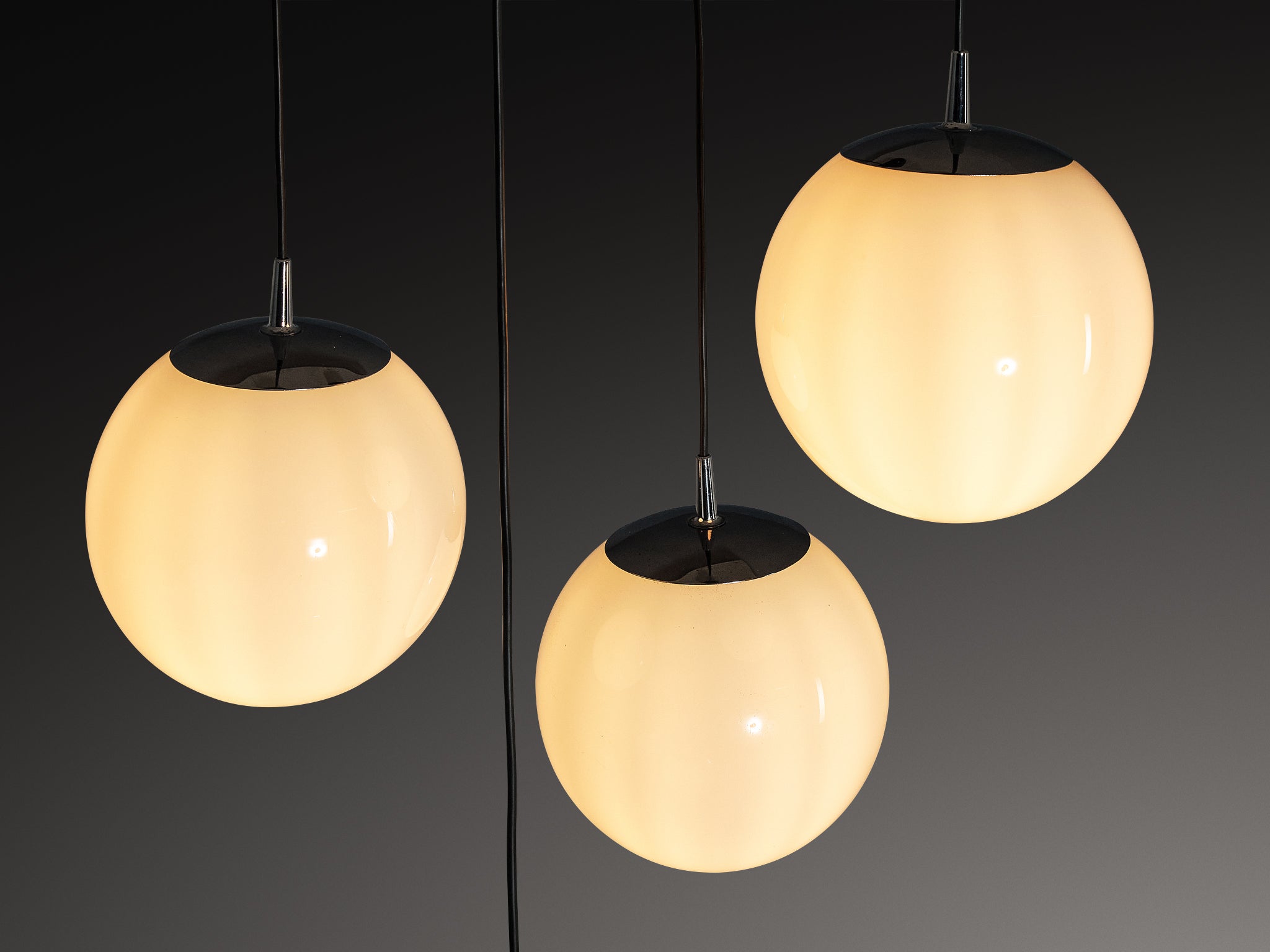 Mid-Century Modern Set of Four Pendants with White Glass Spheres Lighting Morentz