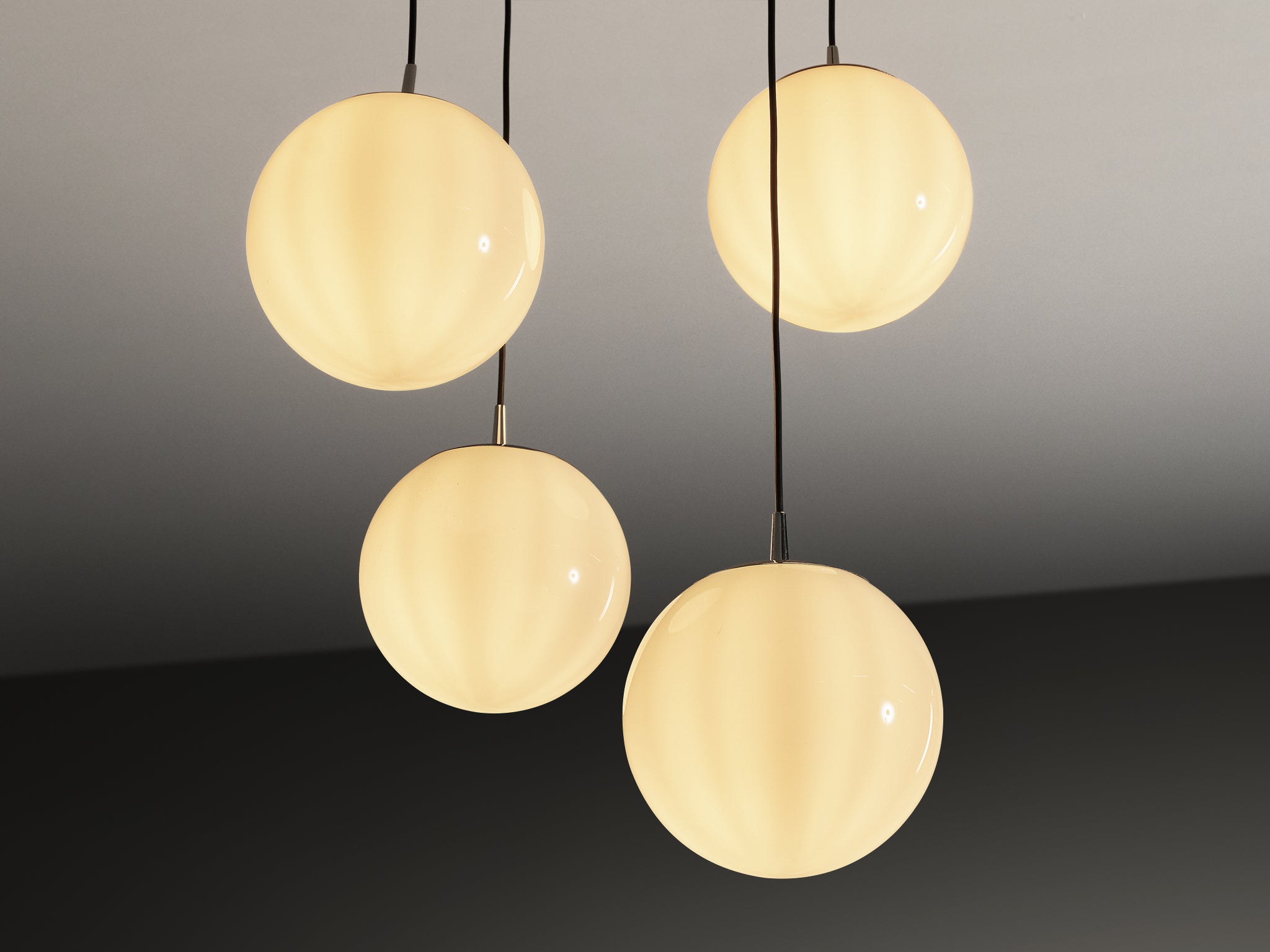 Mid-Century Modern Set of Four Pendants with White Glass Spheres Lighting Morentz