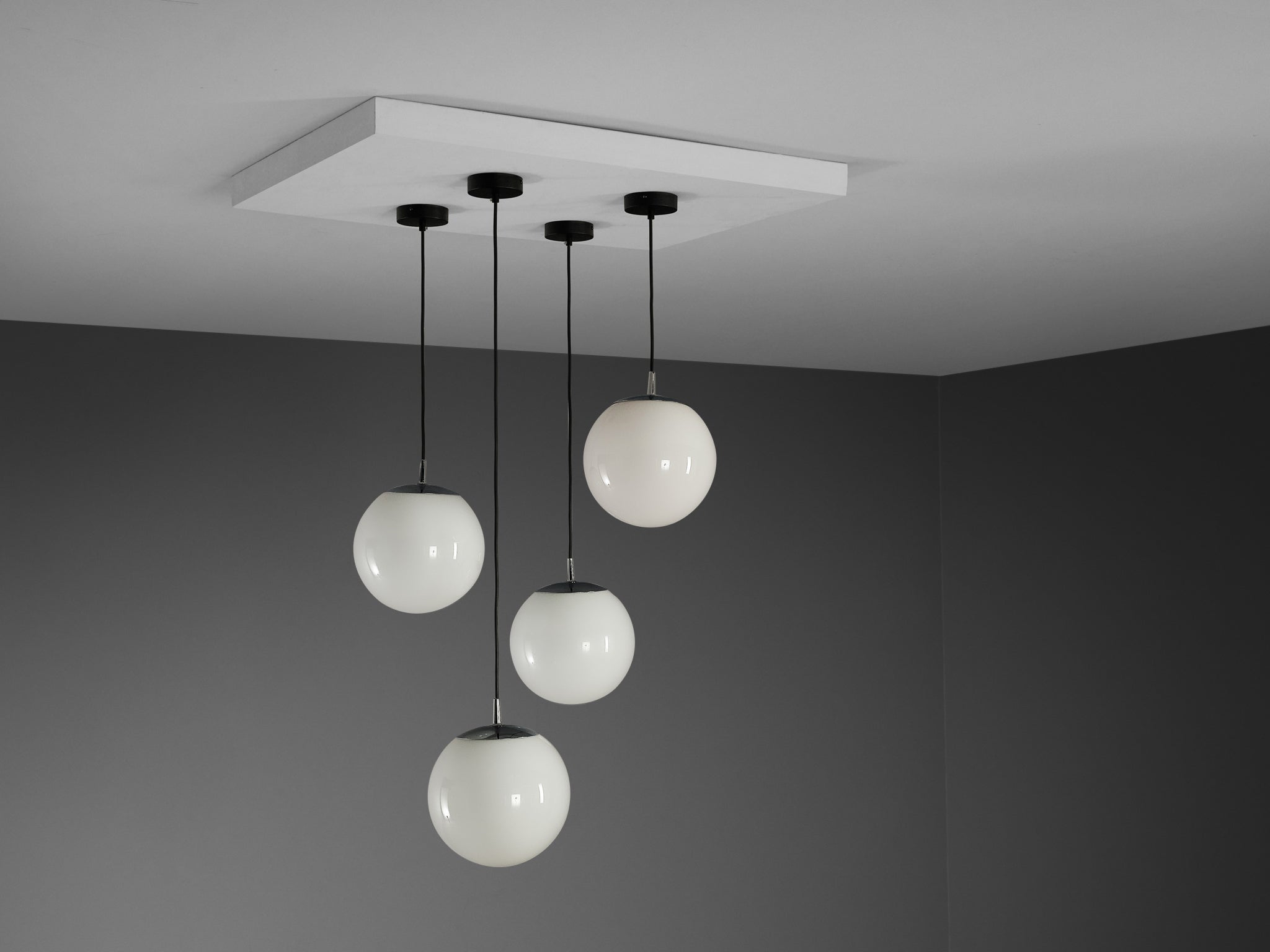 Mid-Century Modern Set of Four Pendants with White Glass Spheres Lighting Morentz