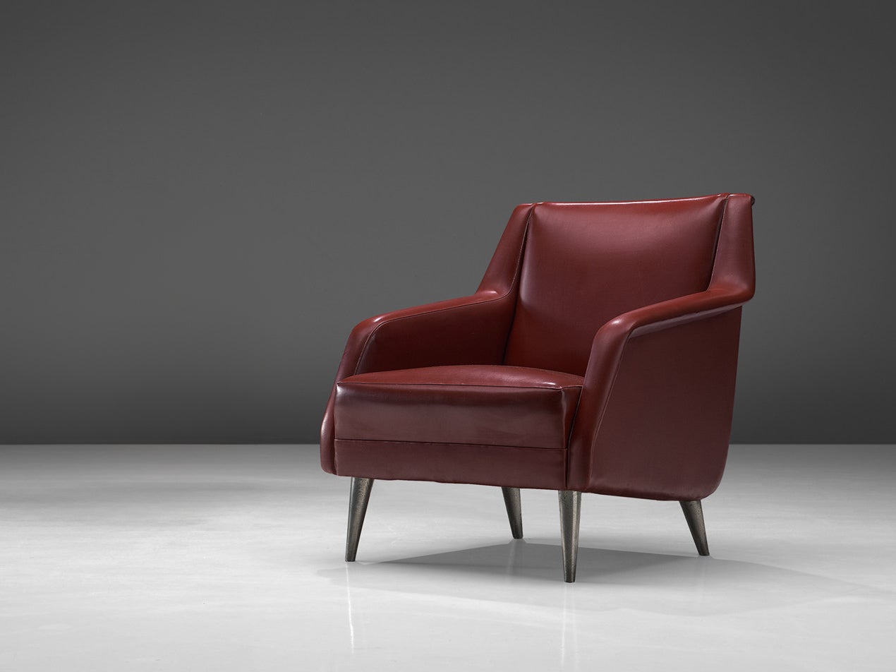 1950s Carlo de Carli Lounge Chair in Burgundy Red Fabric with Nickel Feet seating Morentz