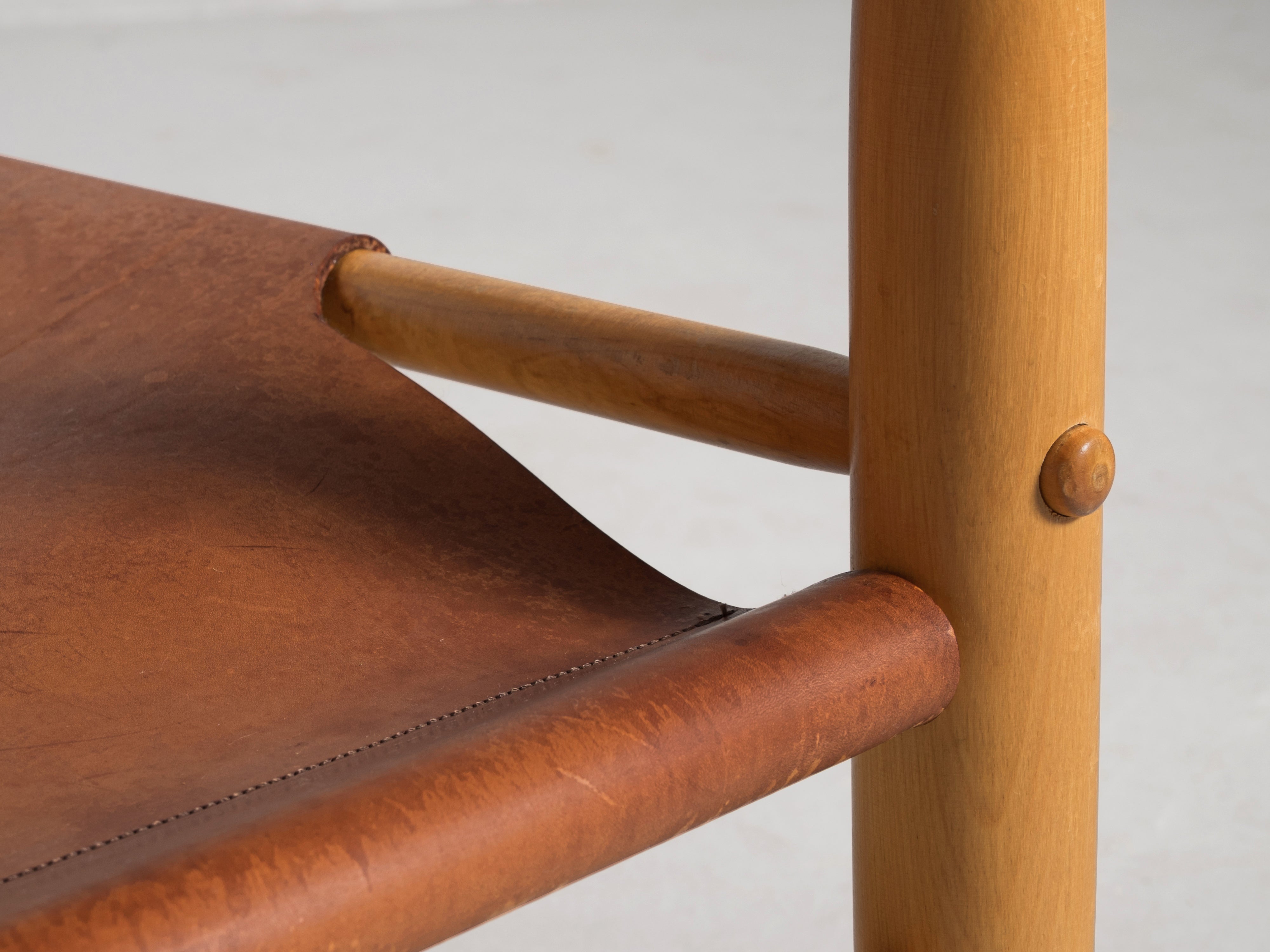 Swedish Safari Armchair in Natural Cognac Leather and Birch seating Morentz
