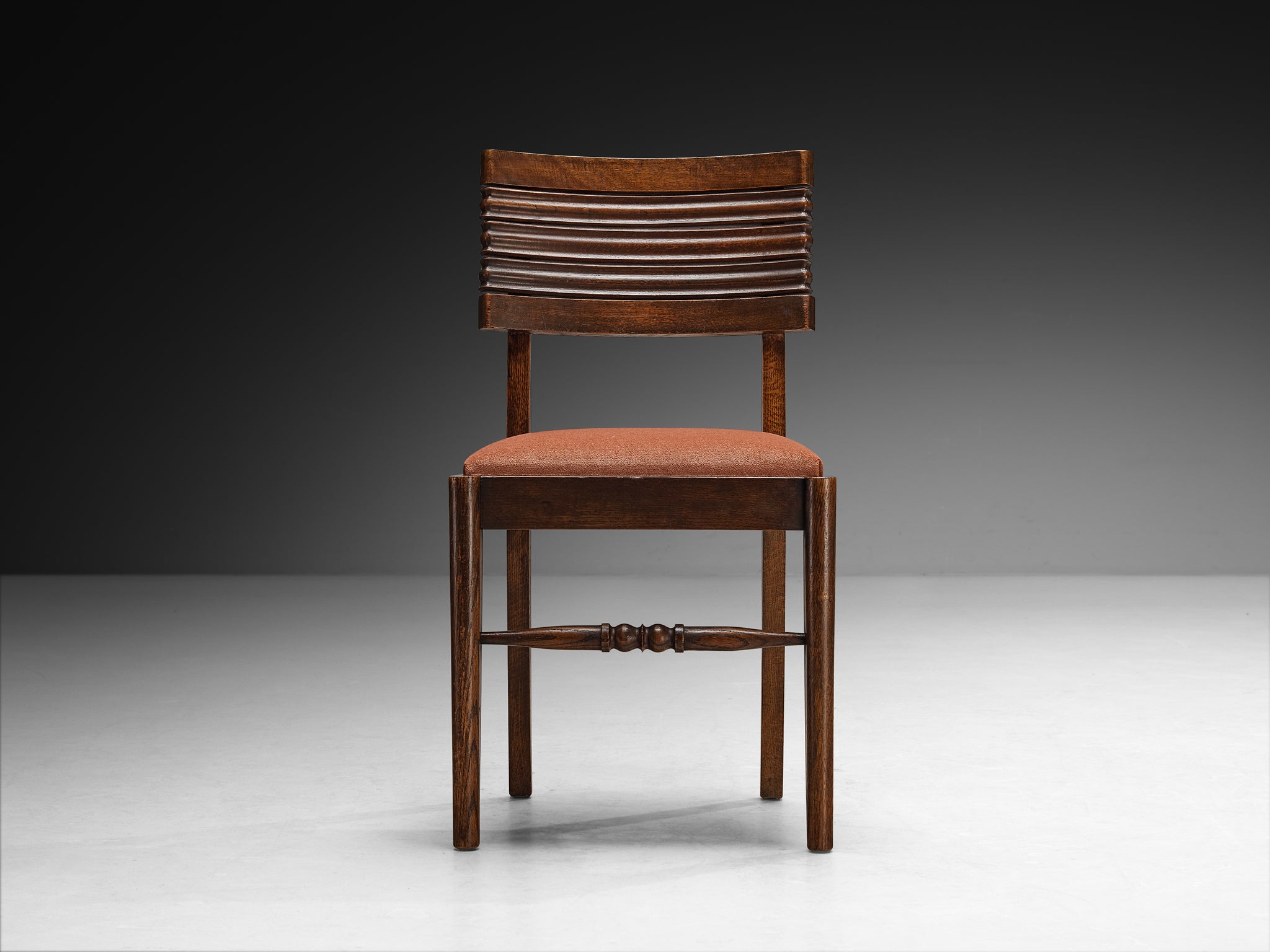 French Art Deco Set of Six Dining Chairs in Oak and Dusty Pink Velvet Seating Morentz