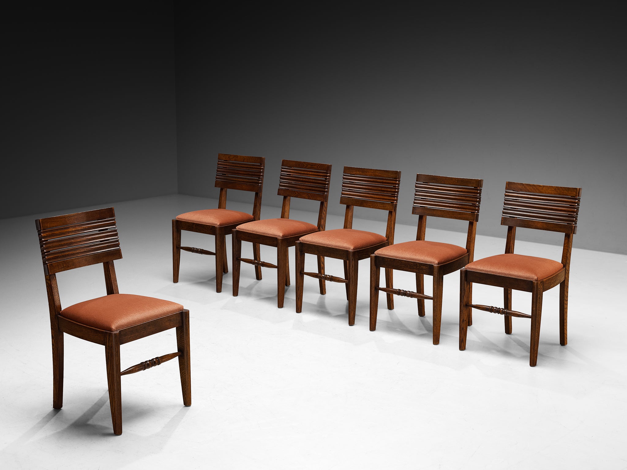 French Art Deco Set of Six Dining Chairs in Oak and Dusty Pink Velvet Seating Morentz