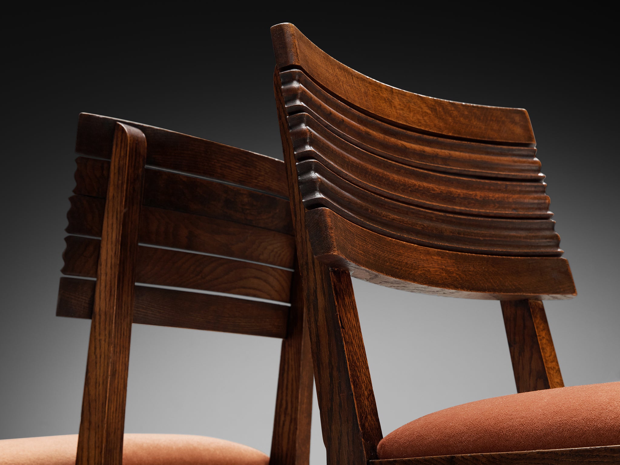 French Art Deco Set of Six Dining Chairs in Oak and Dusty Pink Velvet Seating Morentz