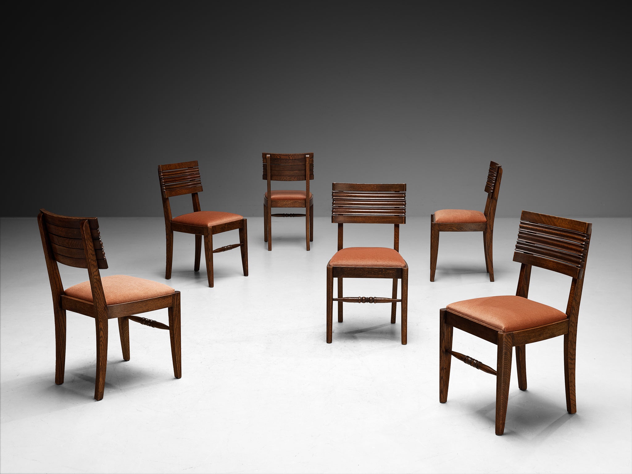 French Art Deco Set of Six Dining Chairs in Oak and Dusty Pink Velvet Seating Morentz