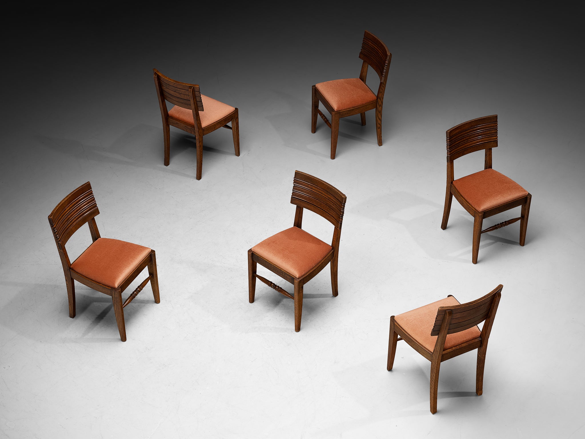 French Art Deco Set of Six Dining Chairs in Oak and Dusty Pink Velvet Seating Morentz