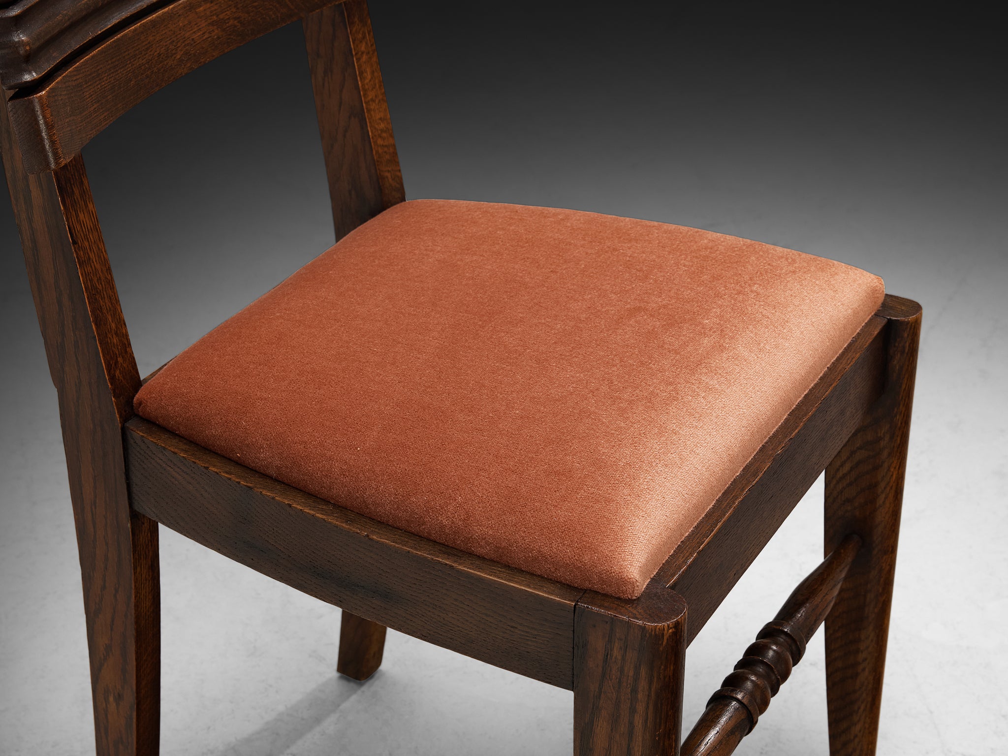 French Art Deco Set of Six Dining Chairs in Oak and Dusty Pink Velvet Seating Morentz