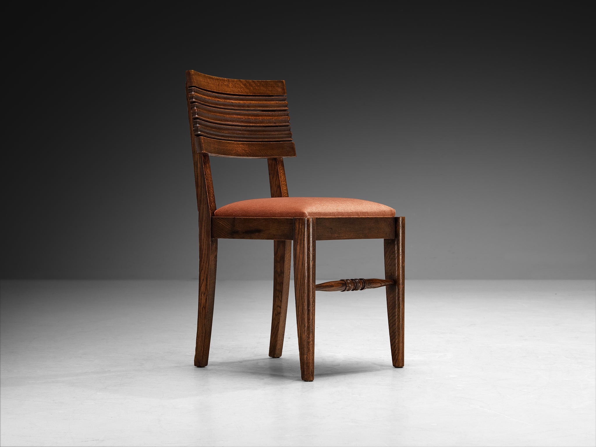 French Art Deco Set of Six Dining Chairs in Oak and Dusty Pink Velvet Seating Morentz