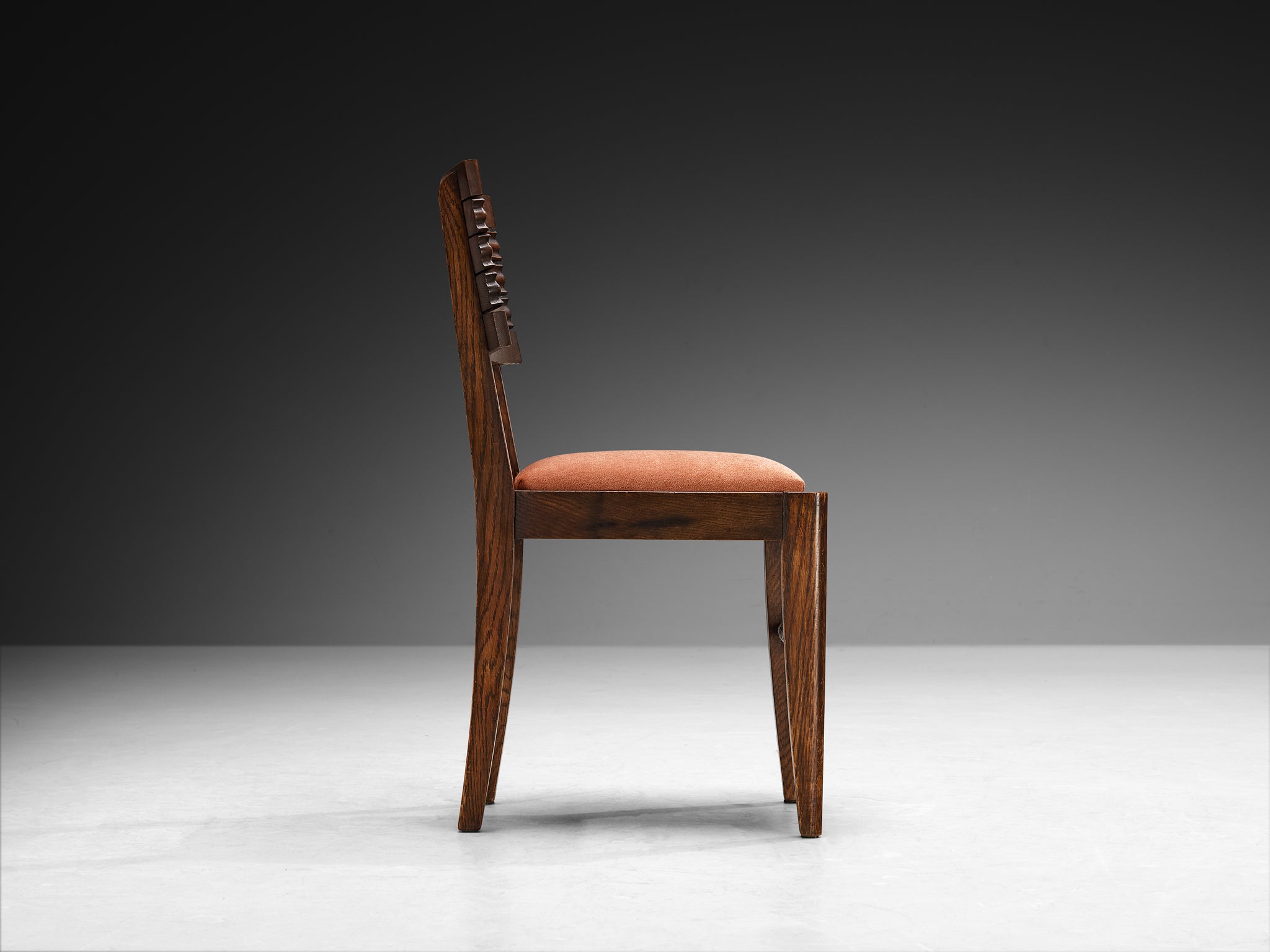 French Art Deco Set of Six Dining Chairs in Oak and Dusty Pink Velvet Seating Morentz