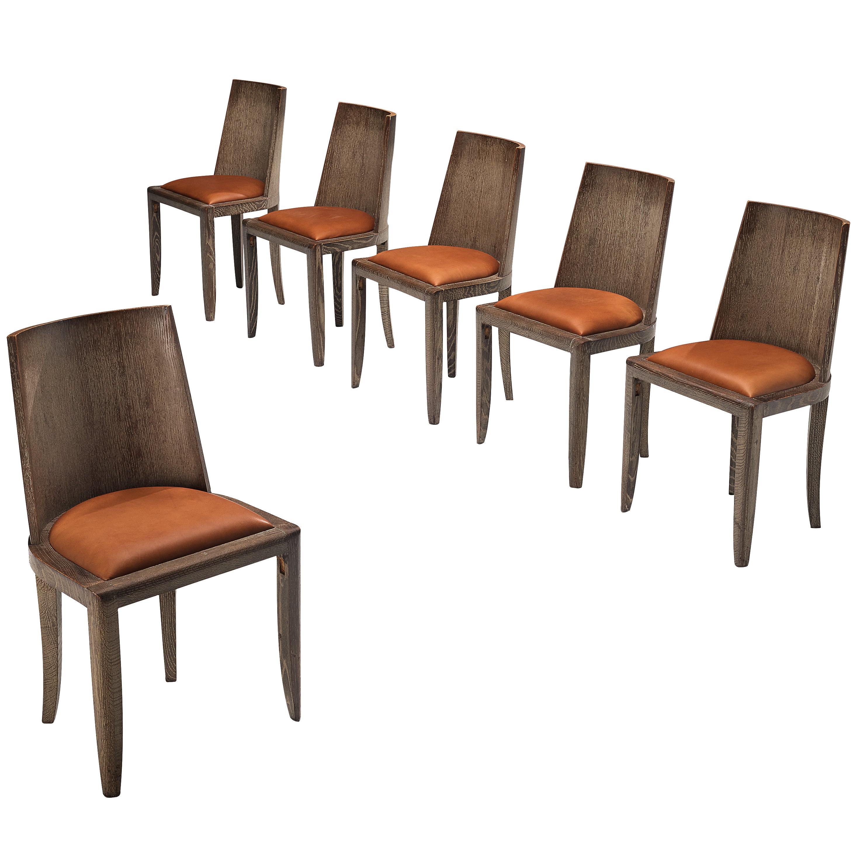 Art Deco Set of Six Dining Chairs in Cerused Oak and Leather Seating Morentz