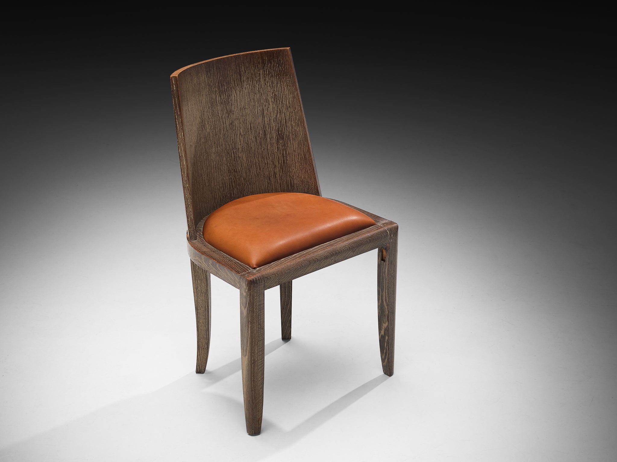 Art Deco Set of Six Dining Chairs in Cerused Oak and Leather Seating Morentz