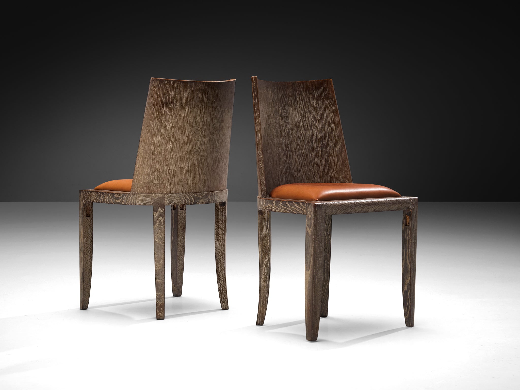 Art Deco Set of Six Dining Chairs in Cerused Oak and Leather Seating Morentz