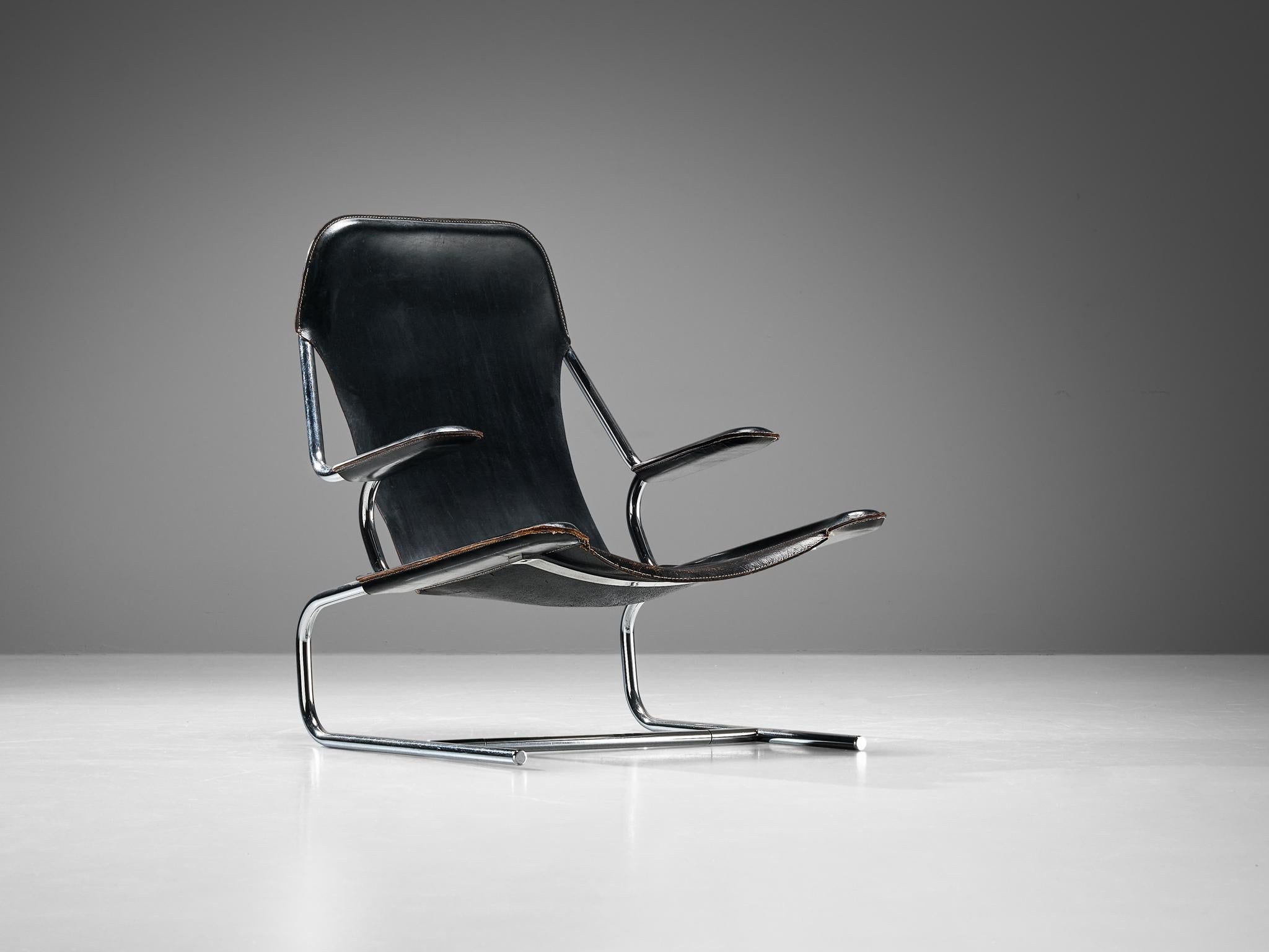 Tubular Lounge Chair and Ottoman in Black Leather