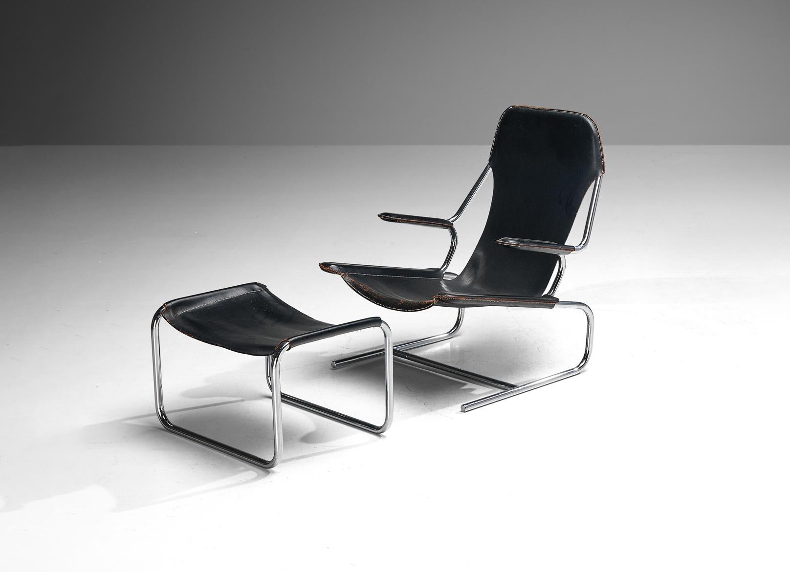 Tubular Lounge Chair and Ottoman in Black Leather