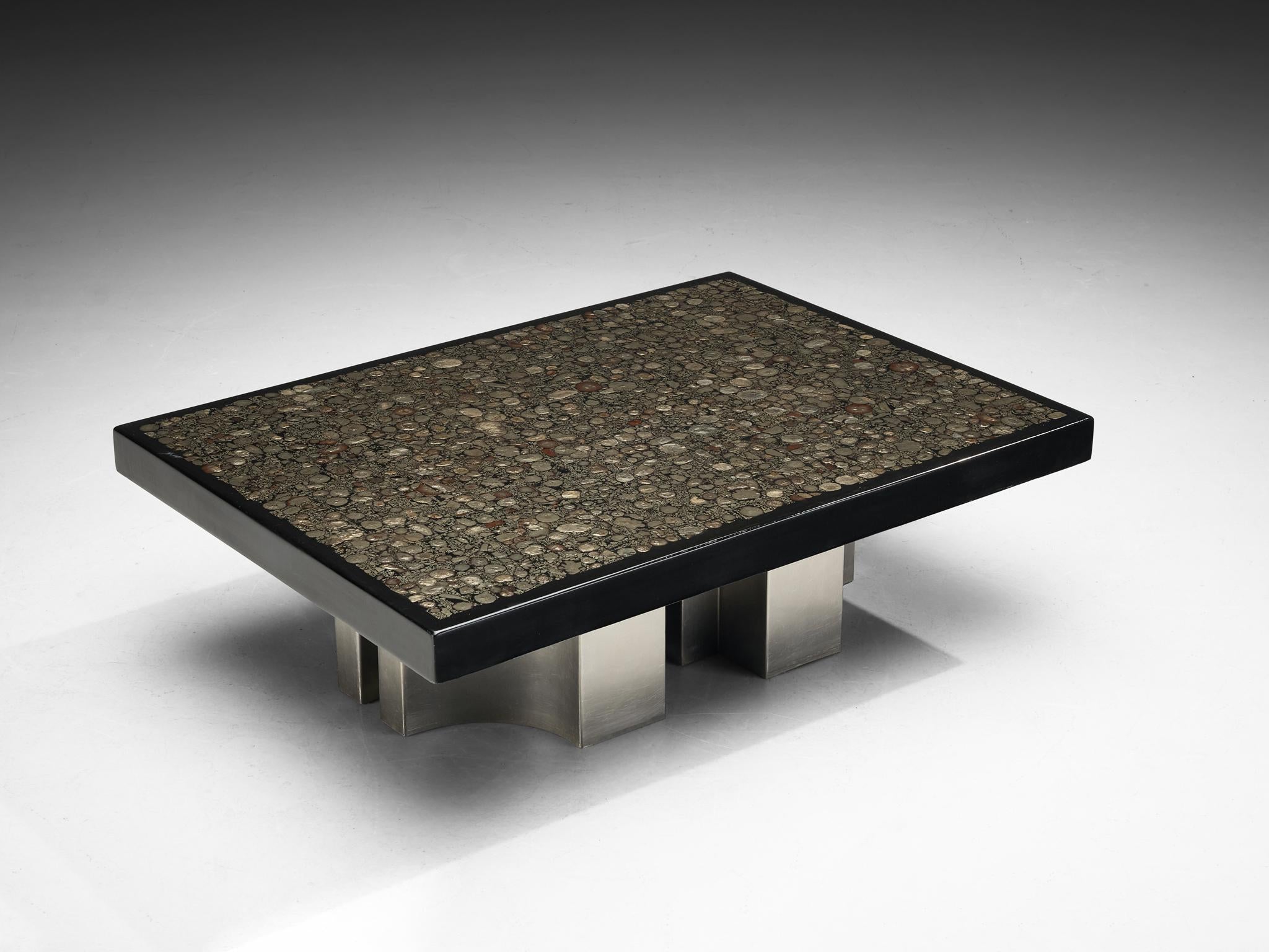 Jean Claude Dresse Coffee Table with Inlay of Marcasite and Stainless Steel tables Morentz