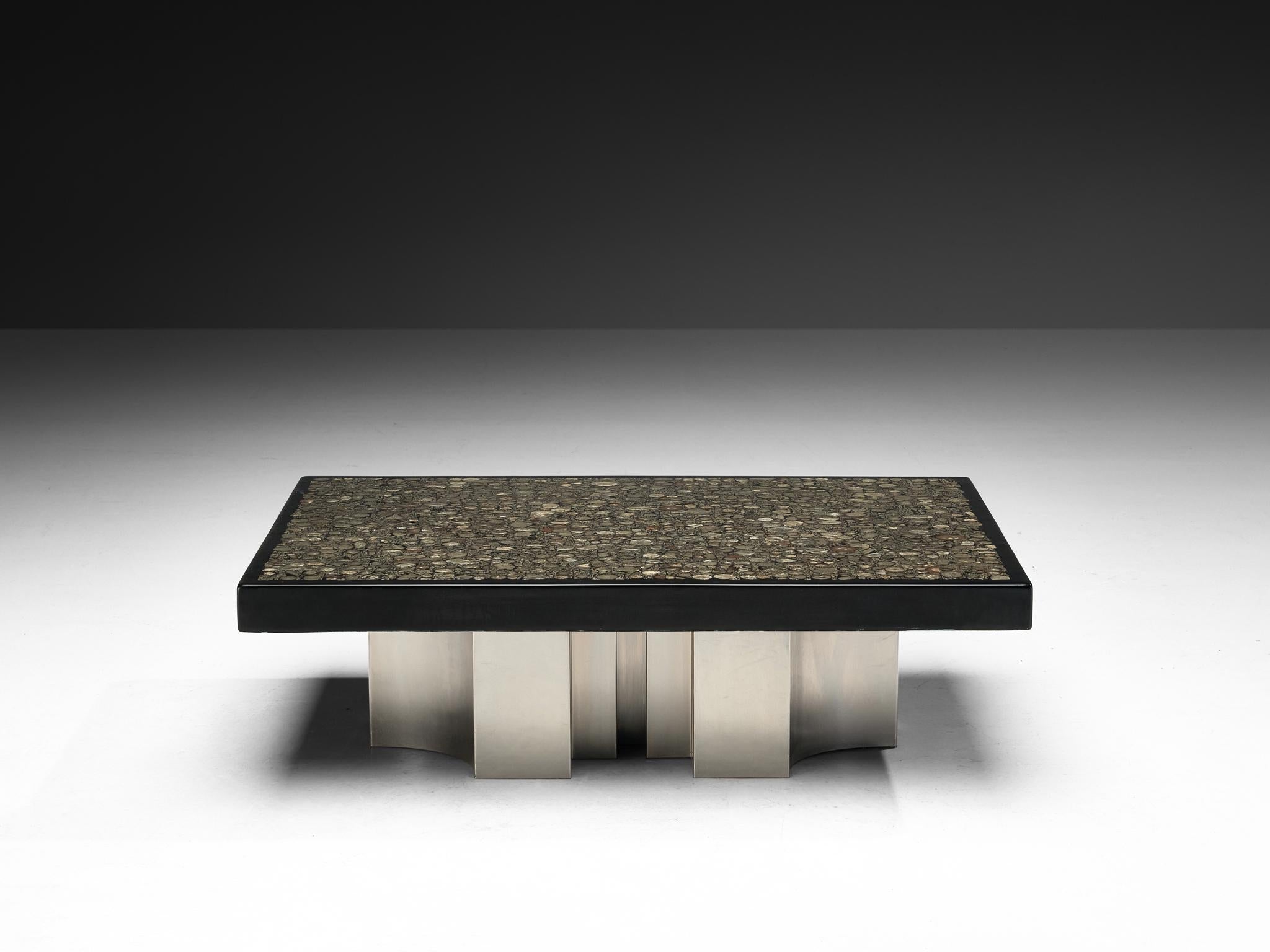 Jean Claude Dresse Coffee Table with Inlay of Marcasite and Stainless Steel tables Morentz