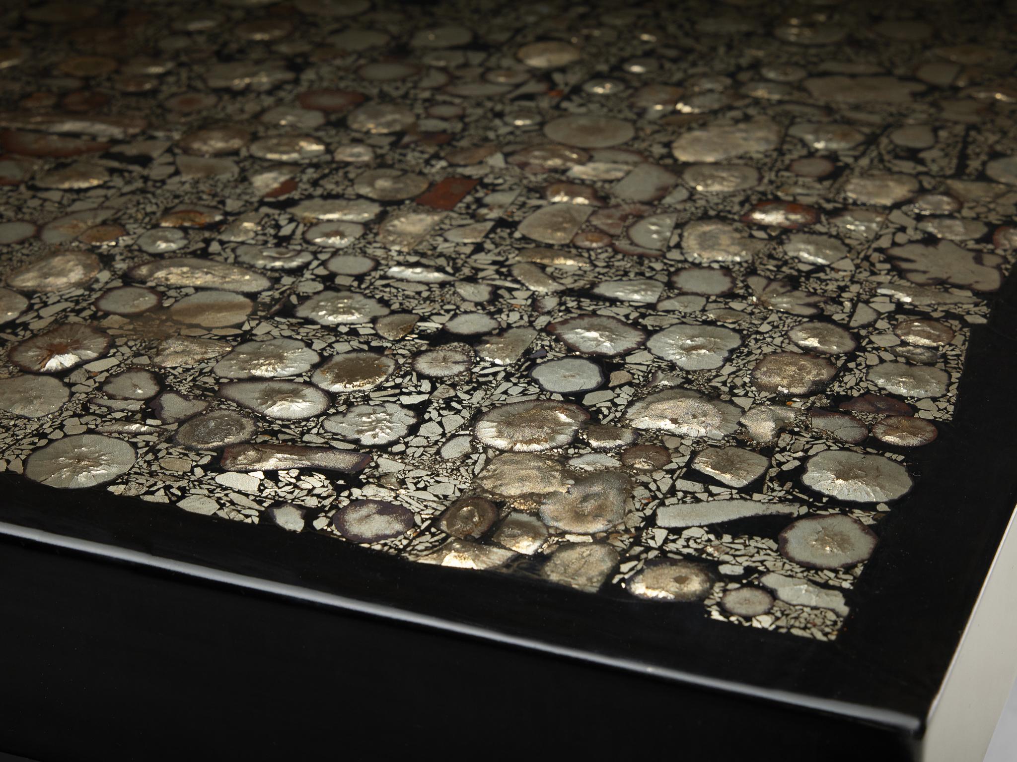 Jean Claude Dresse Coffee Table with Inlay of Marcasite and Stainless Steel tables Morentz