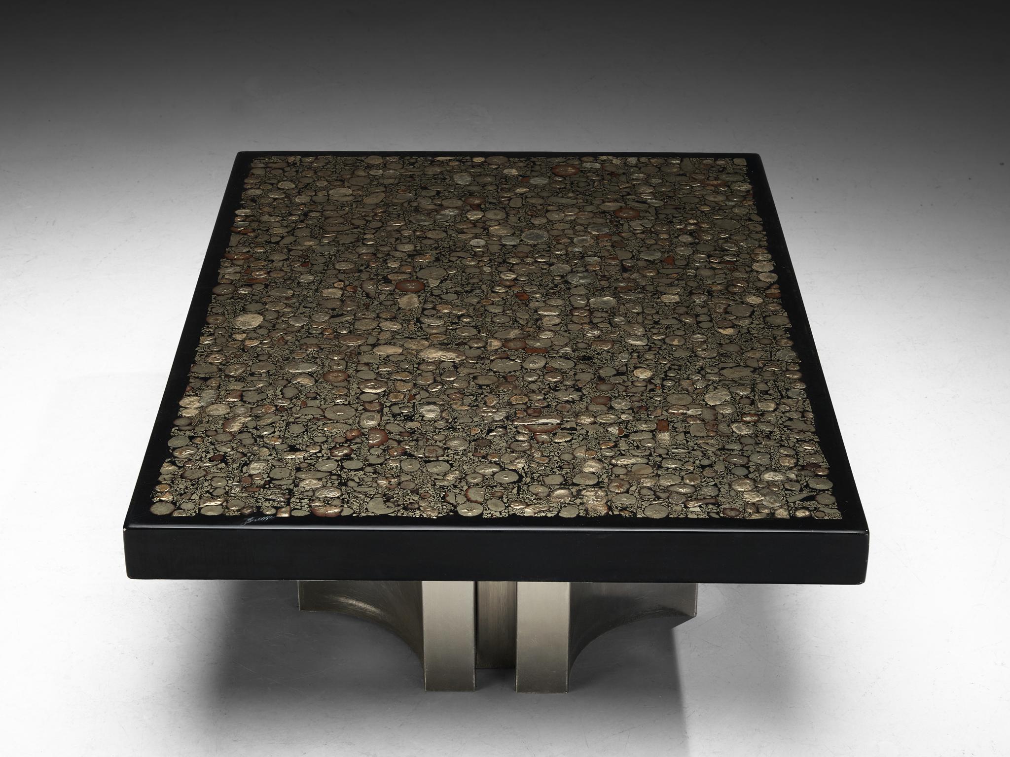 Jean Claude Dresse Coffee Table with Inlay of Marcasite and Stainless Steel tables Morentz