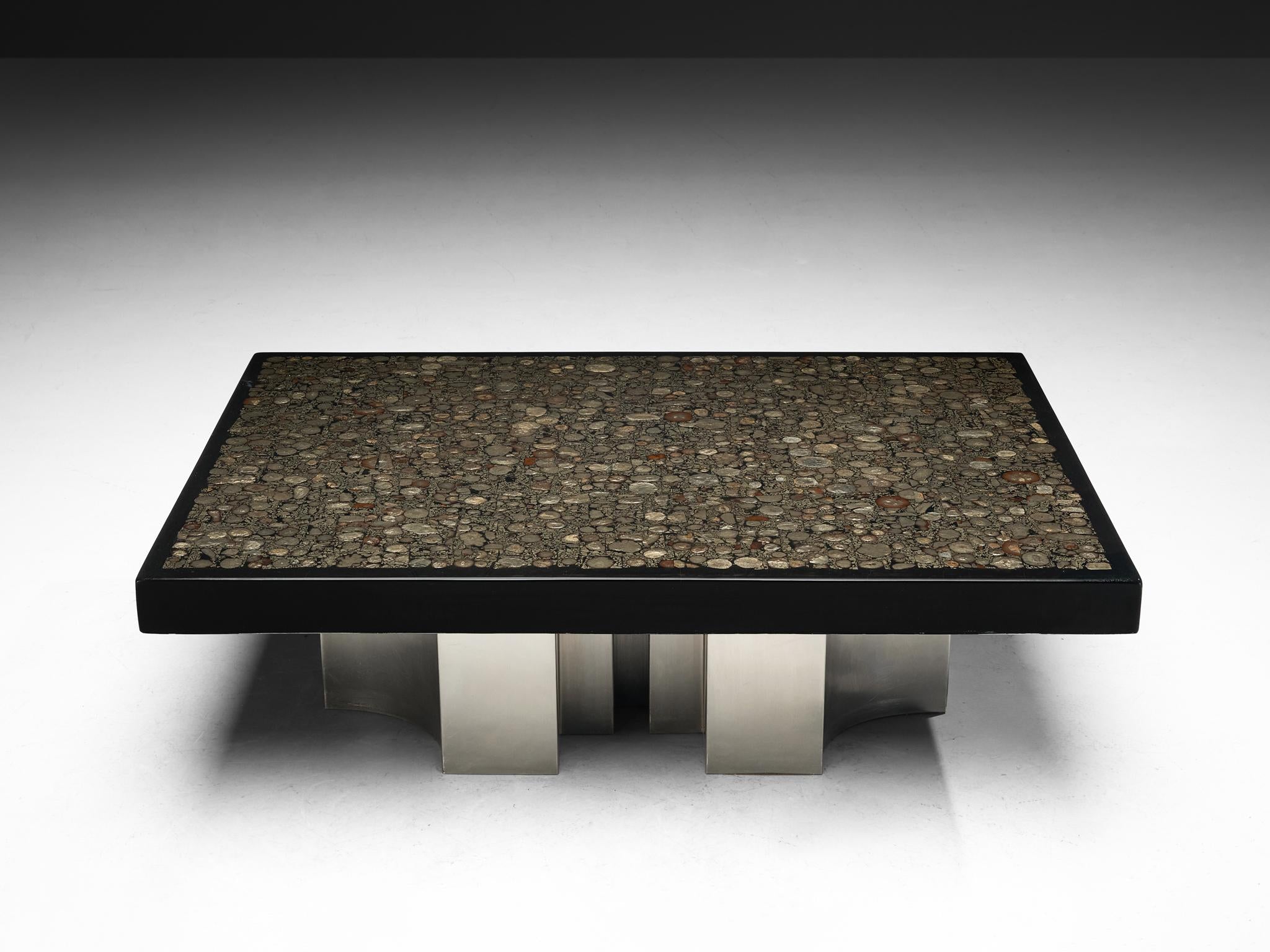 Jean Claude Dresse Coffee Table with Inlay of Marcasite and Stainless Steel tables Morentz