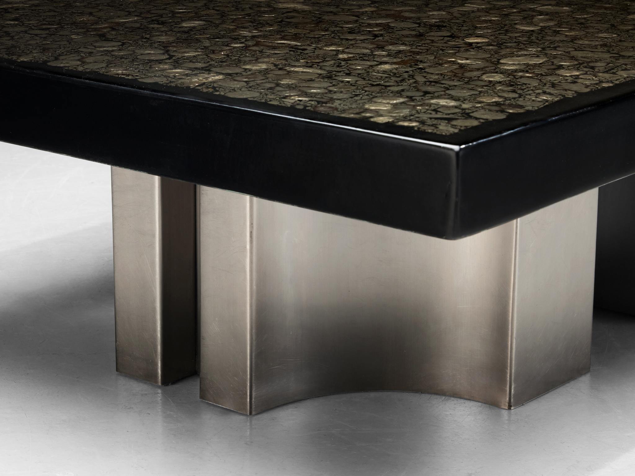 Jean Claude Dresse Coffee Table with Inlay of Marcasite and Stainless Steel tables Morentz