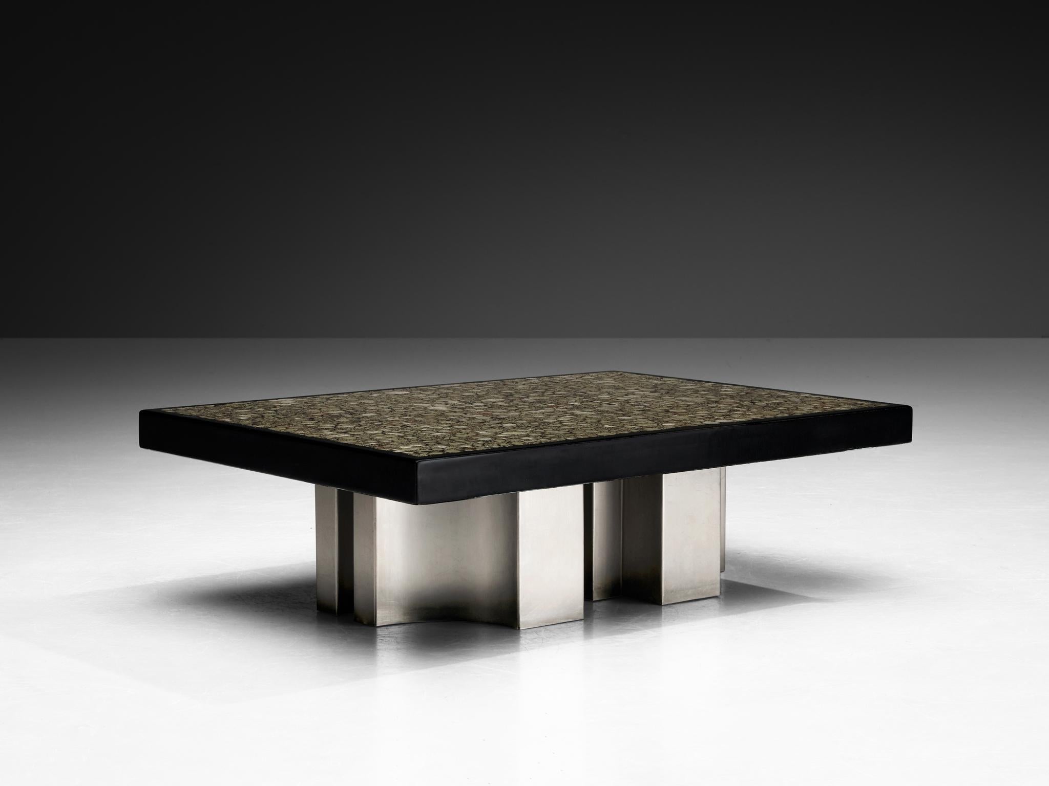 Jean Claude Dresse Coffee Table with Inlay of Marcasite and Stainless Steel tables Morentz