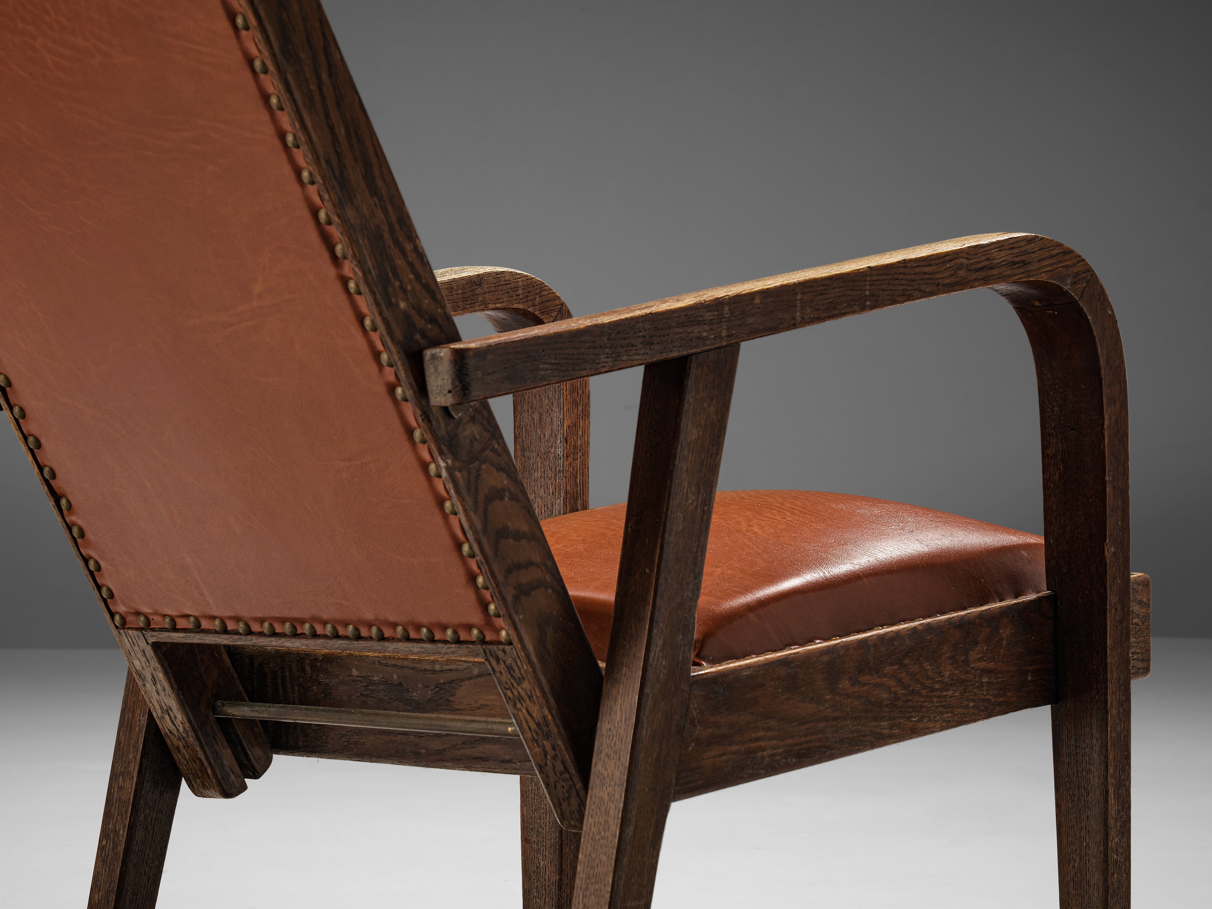 Adjustable Armchair in Red Leather and Oak seating Morentz