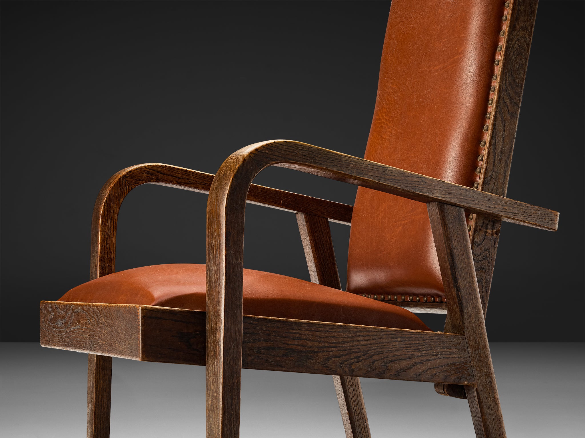 Art Deco Armchair in Red Brown Leather and Oak with Adjustable Tall Back Seating Morentz