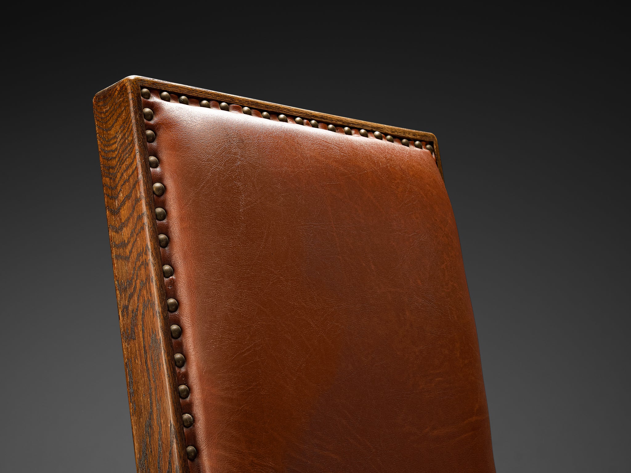 Art Deco Armchair in Red Brown Leather and Oak with Adjustable Tall Back Seating Morentz