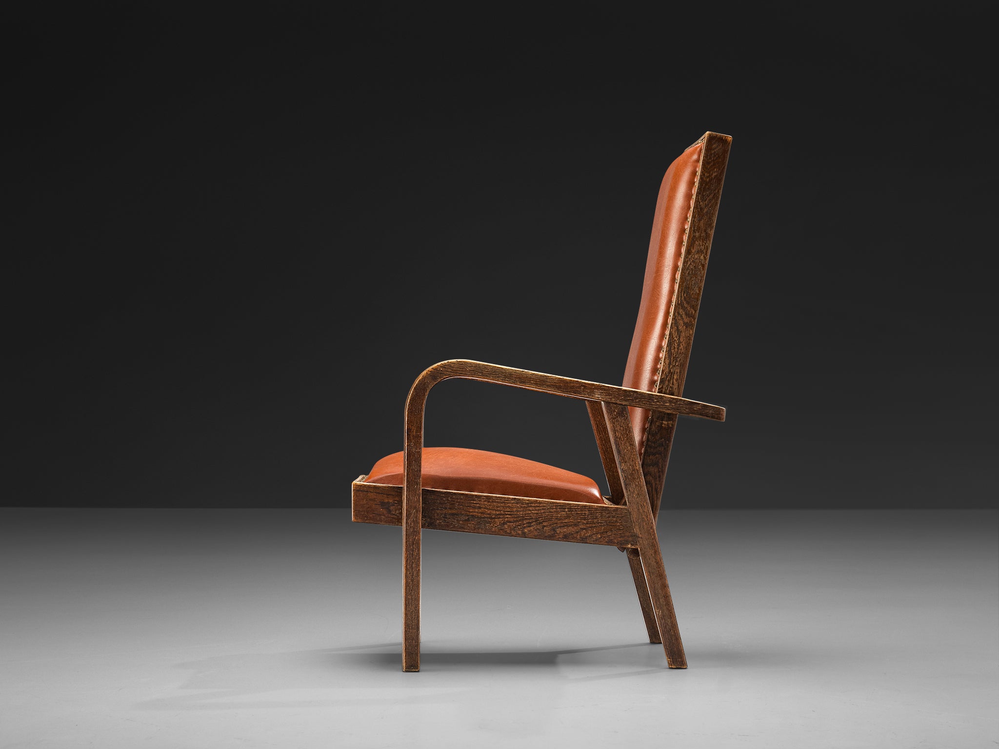 Art Deco Armchair in Red Brown Leather and Oak with Adjustable Tall Back Seating Morentz