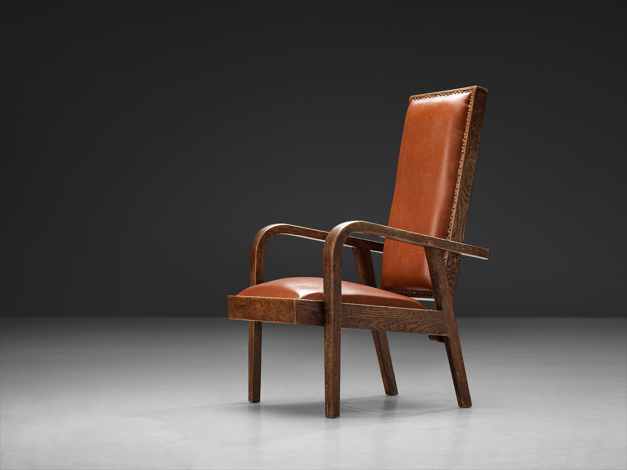 Art Deco Armchair in Red Brown Leather and Oak with Adjustable Tall Back Seating Morentz