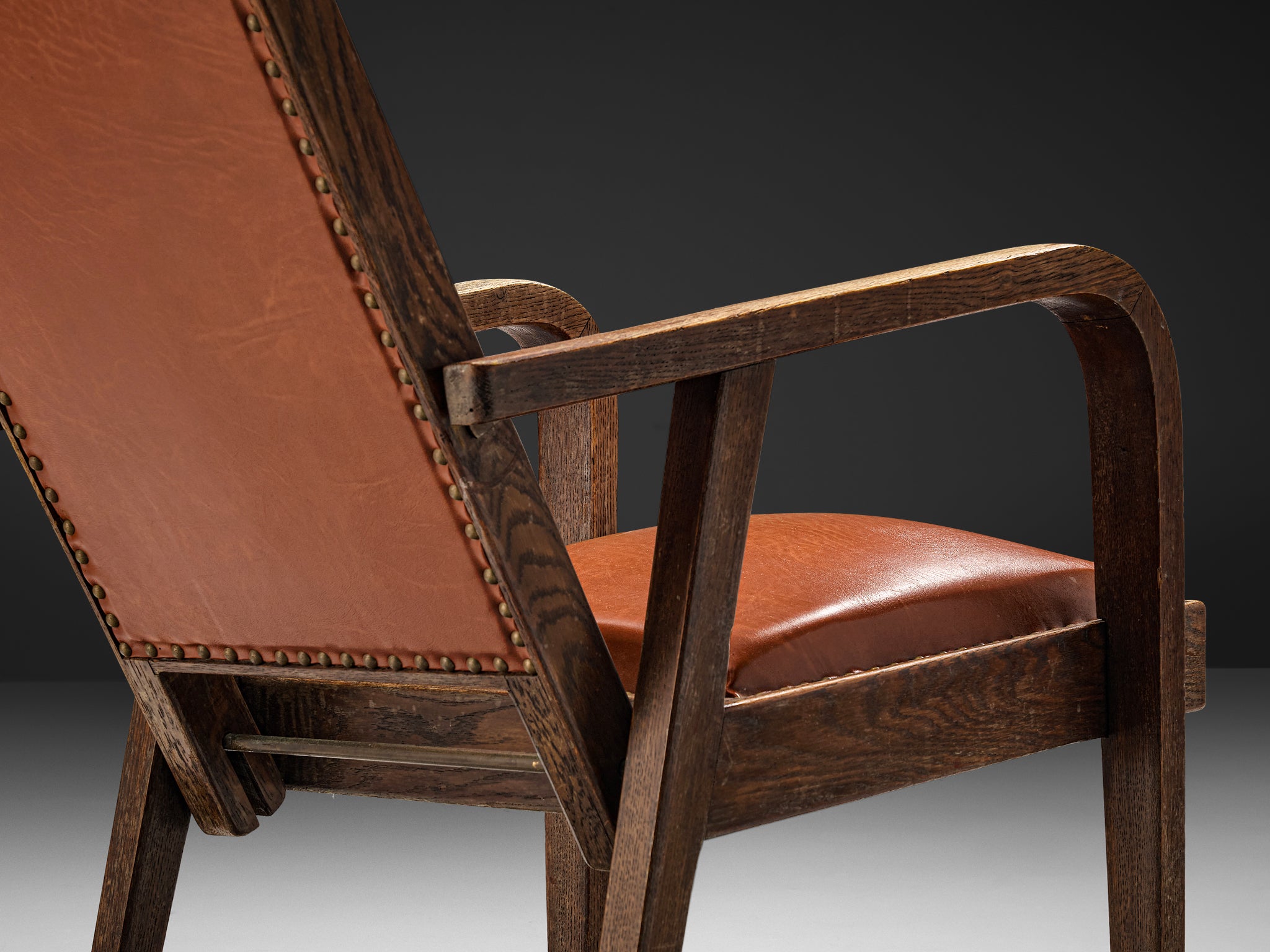 Art Deco Armchair in Red Brown Leather and Oak with Adjustable Tall Back Seating Morentz