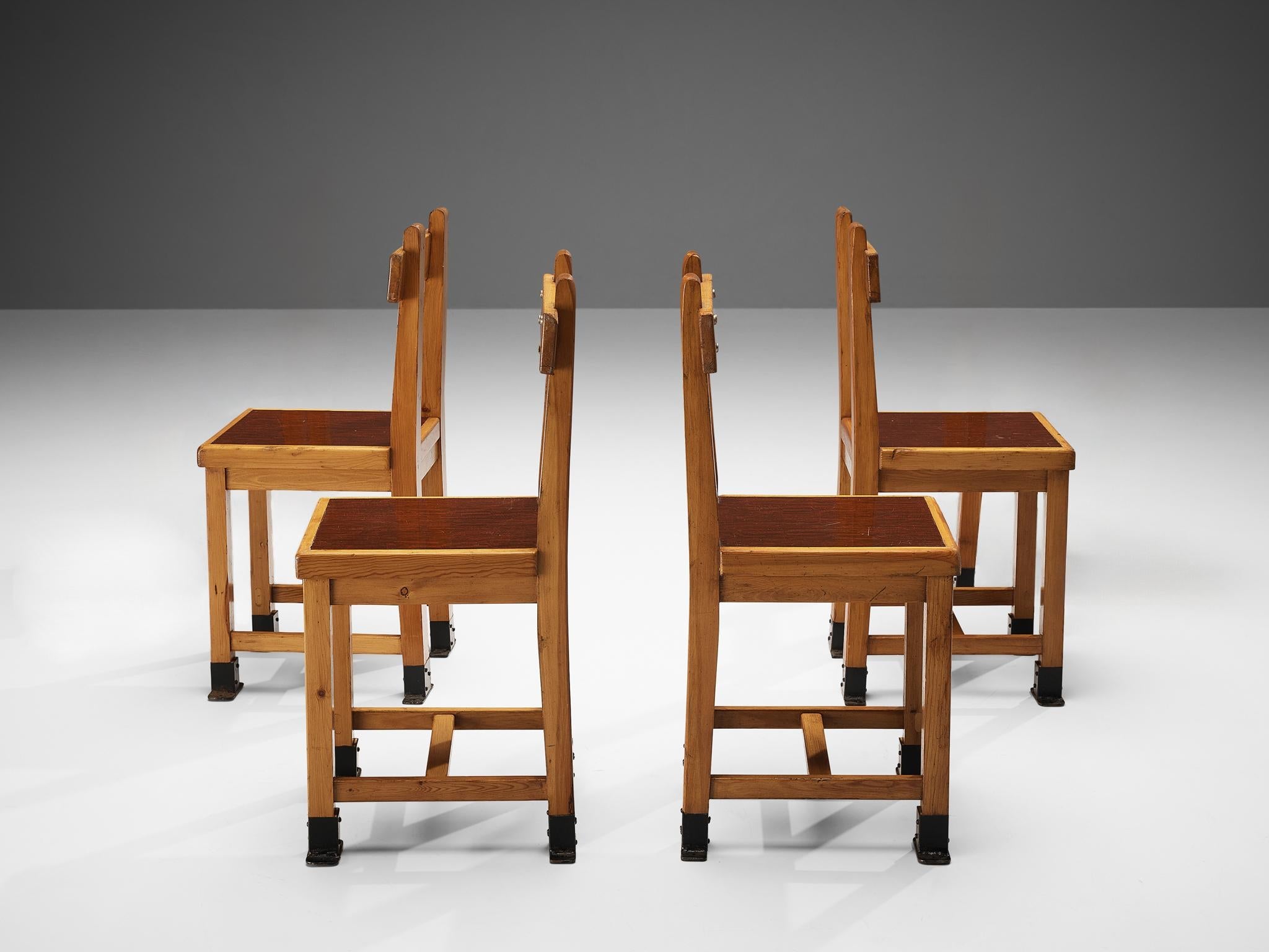 Rare French Set of Four Dining Chairs in Pine with Metal Feet