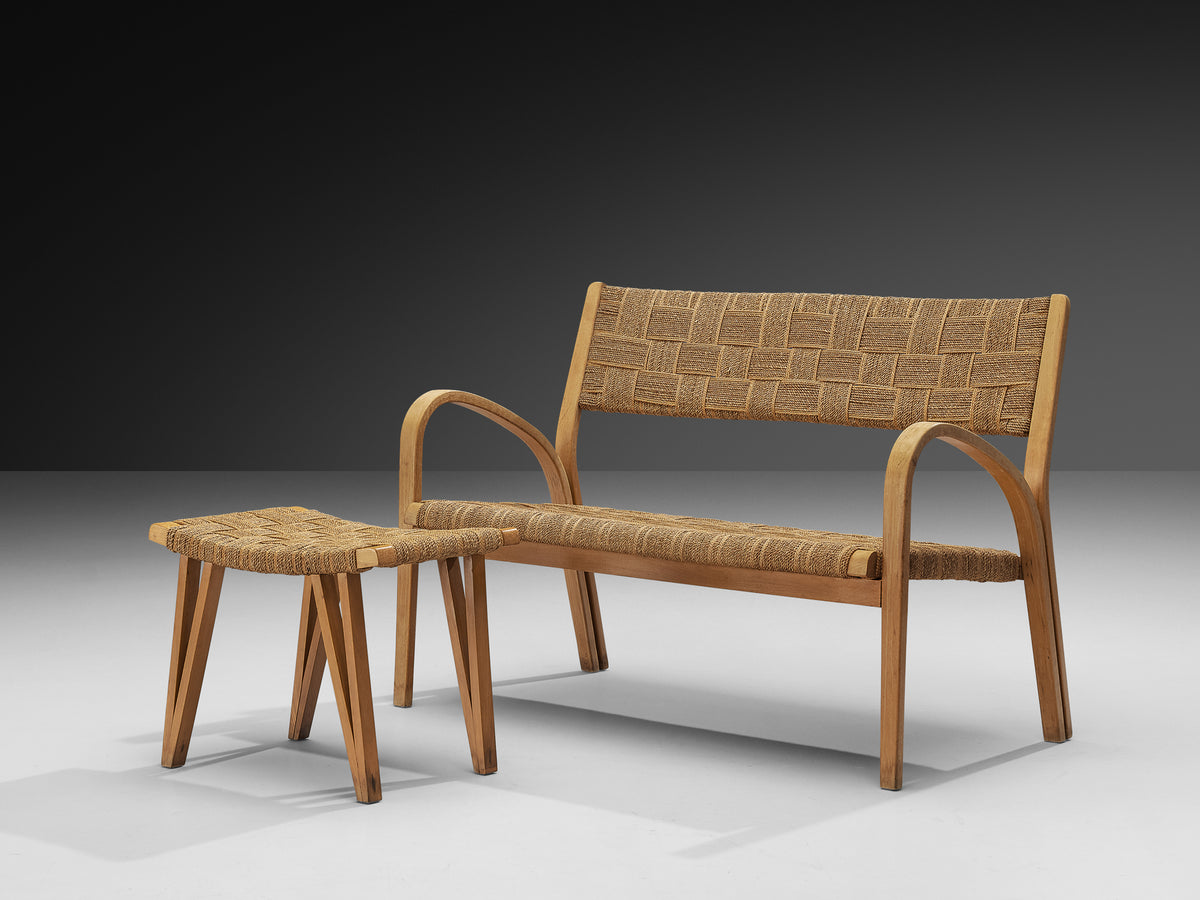 Bench in Braided Straw and Blonde Wood Seating Morentz