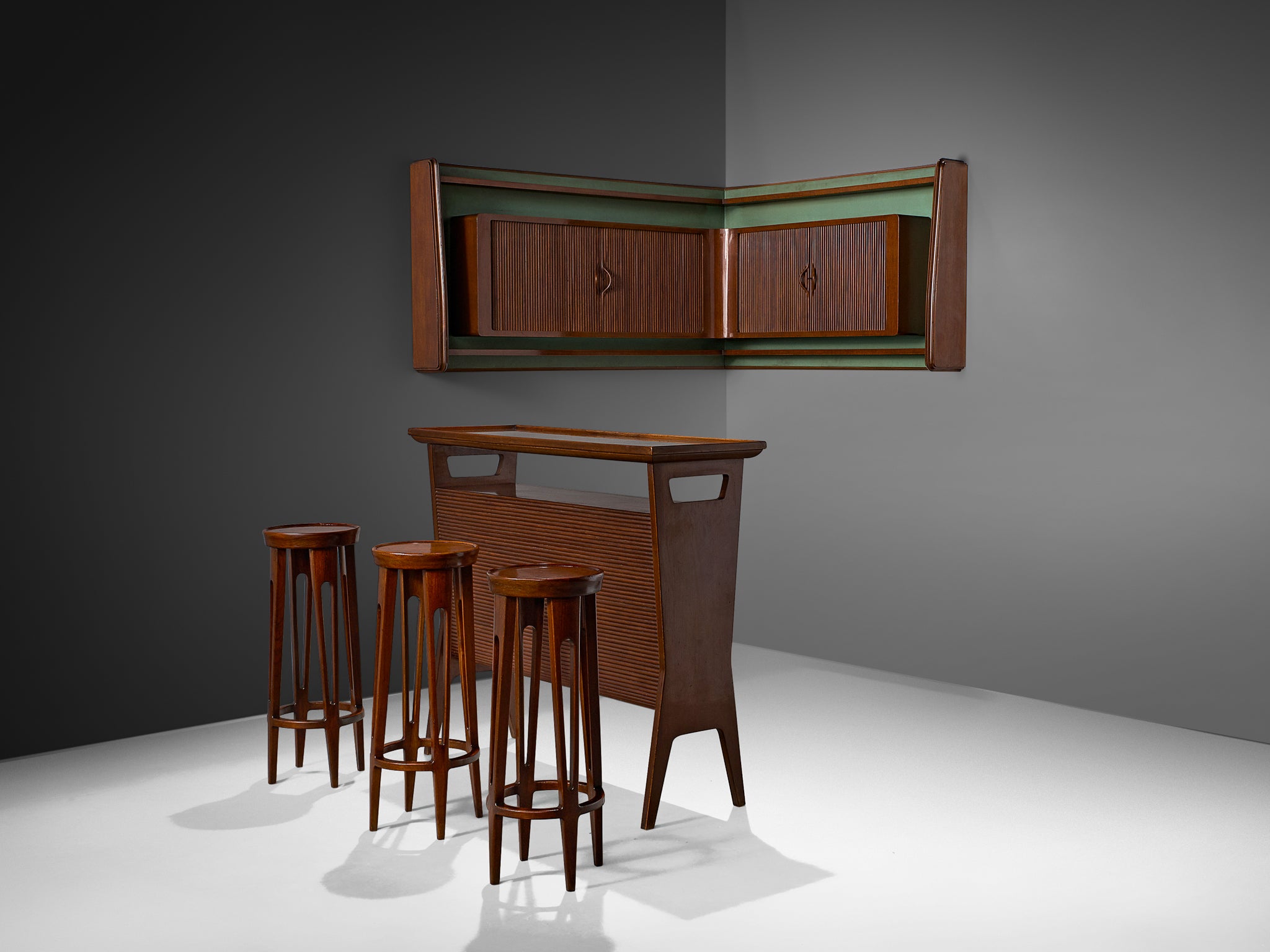 Mid-Century Modern Italian Home Bar With Cabinet and Stools in Walnut Case pieces and storage cabinets Morentz