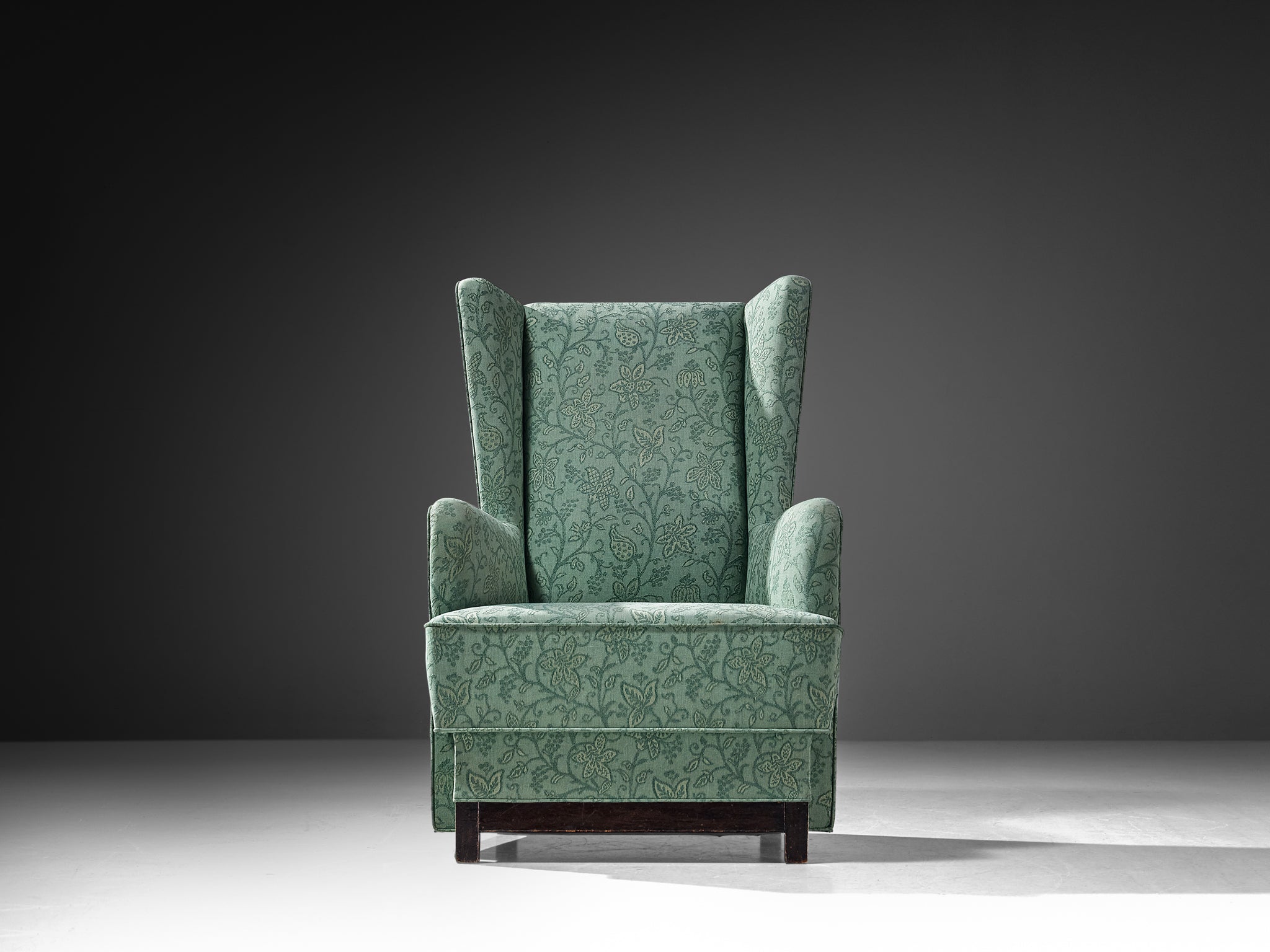 Swedish Art Deco Wing Back Chair in Mint Green Floral Upholstery Seating Morentz