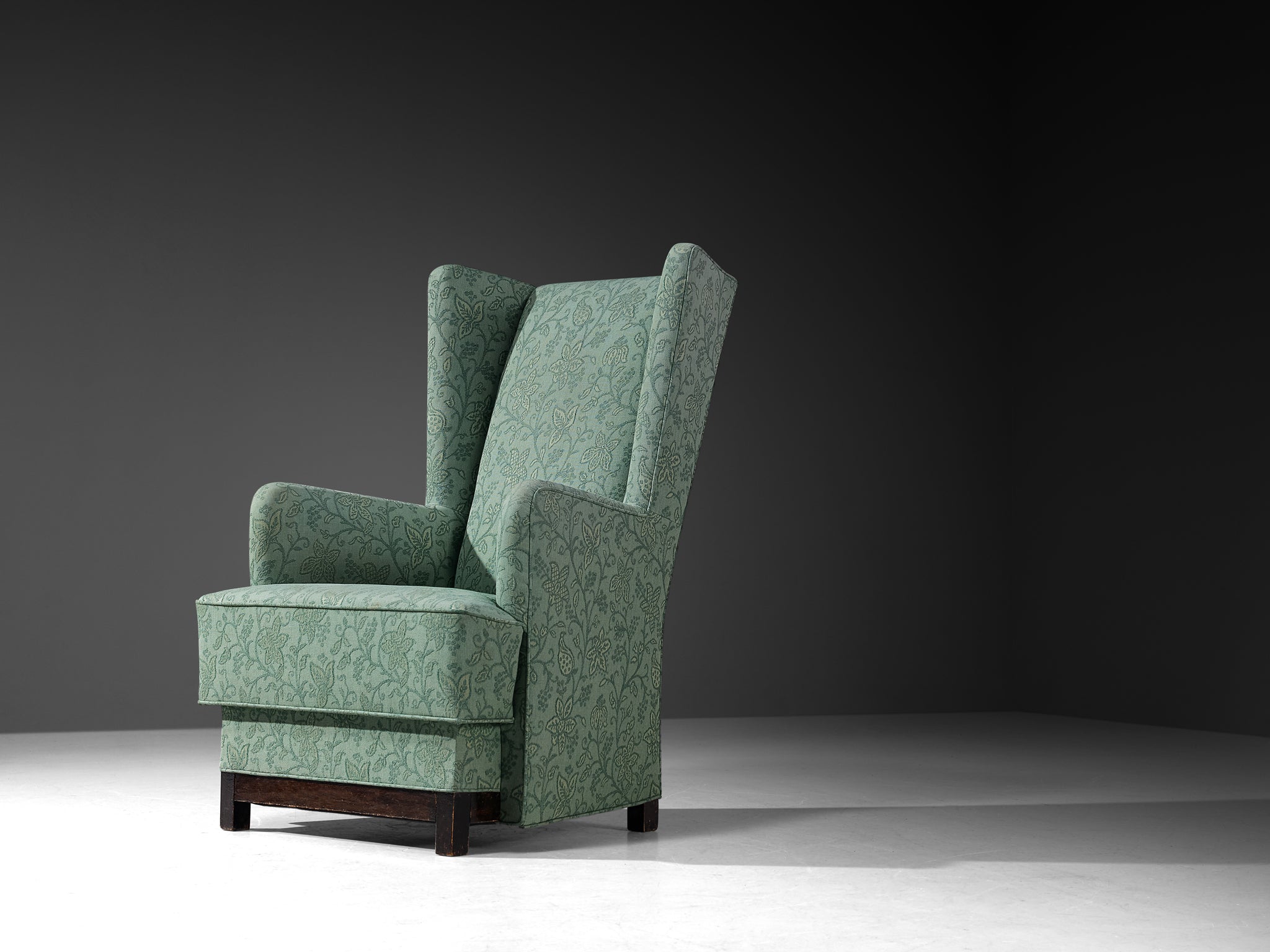 Swedish Art Deco Wing Back Chair in Mint Green Floral Upholstery Seating Morentz